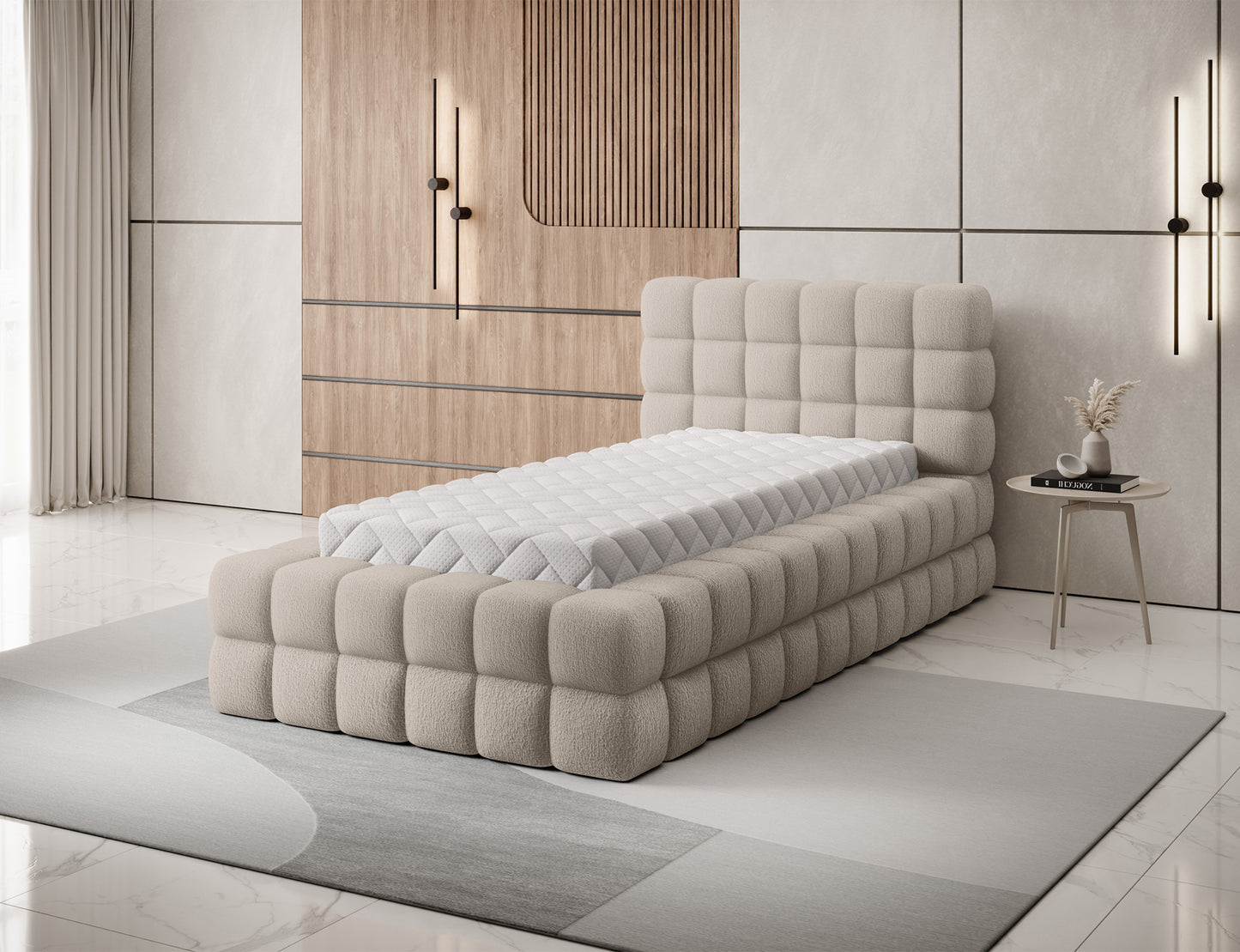 Łóżko tapicerowane Dizzle 90x200 w tkaninie Royal 18 jasnobeżowy, z materacem i miękkim zagłówkiem w stylu modern chic.