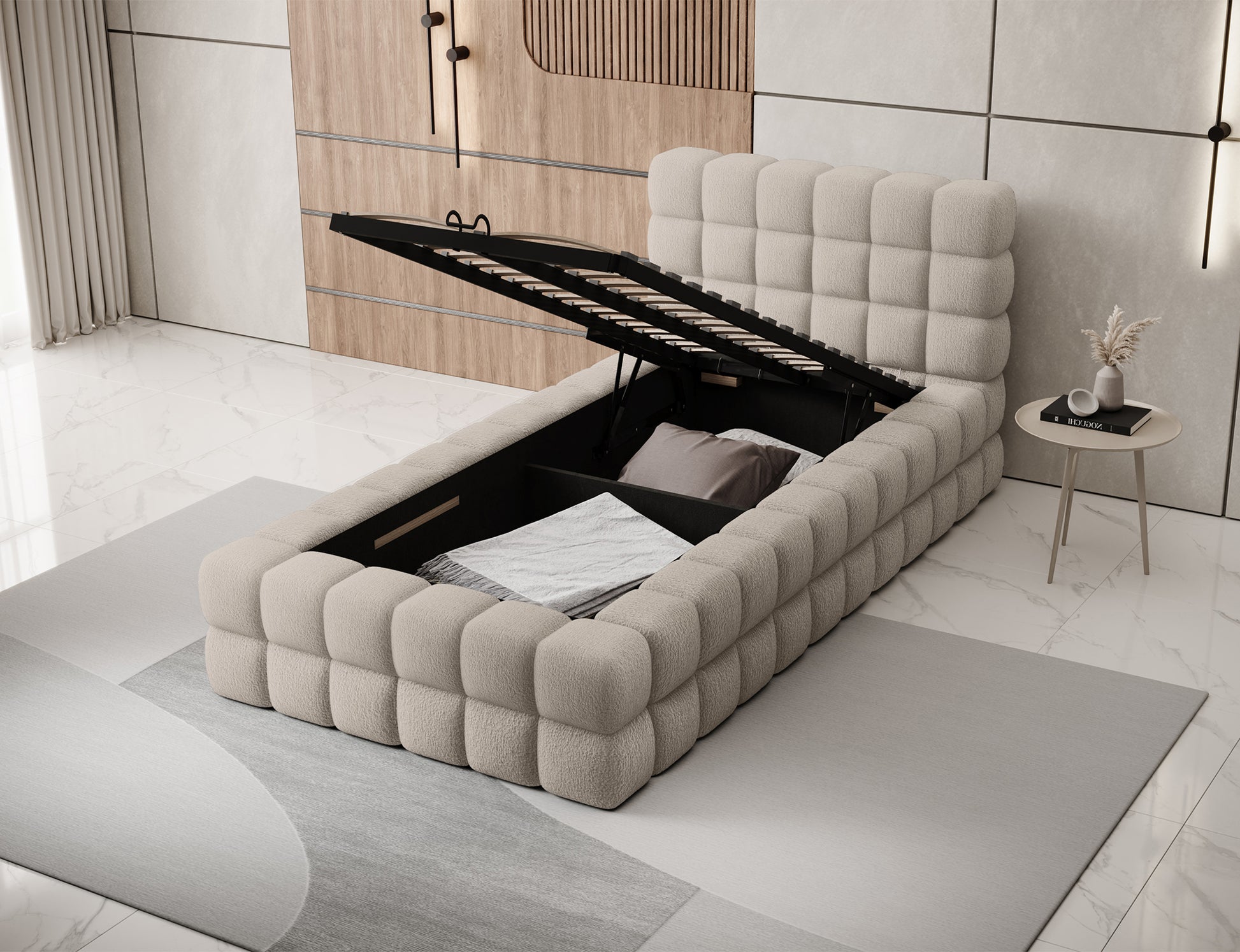 Łóżko Dizzle 90x200 Royal 18 jasnobeżowy, widok na otwarty pojemnik na pościel, funkcjonalne przechowywanie.