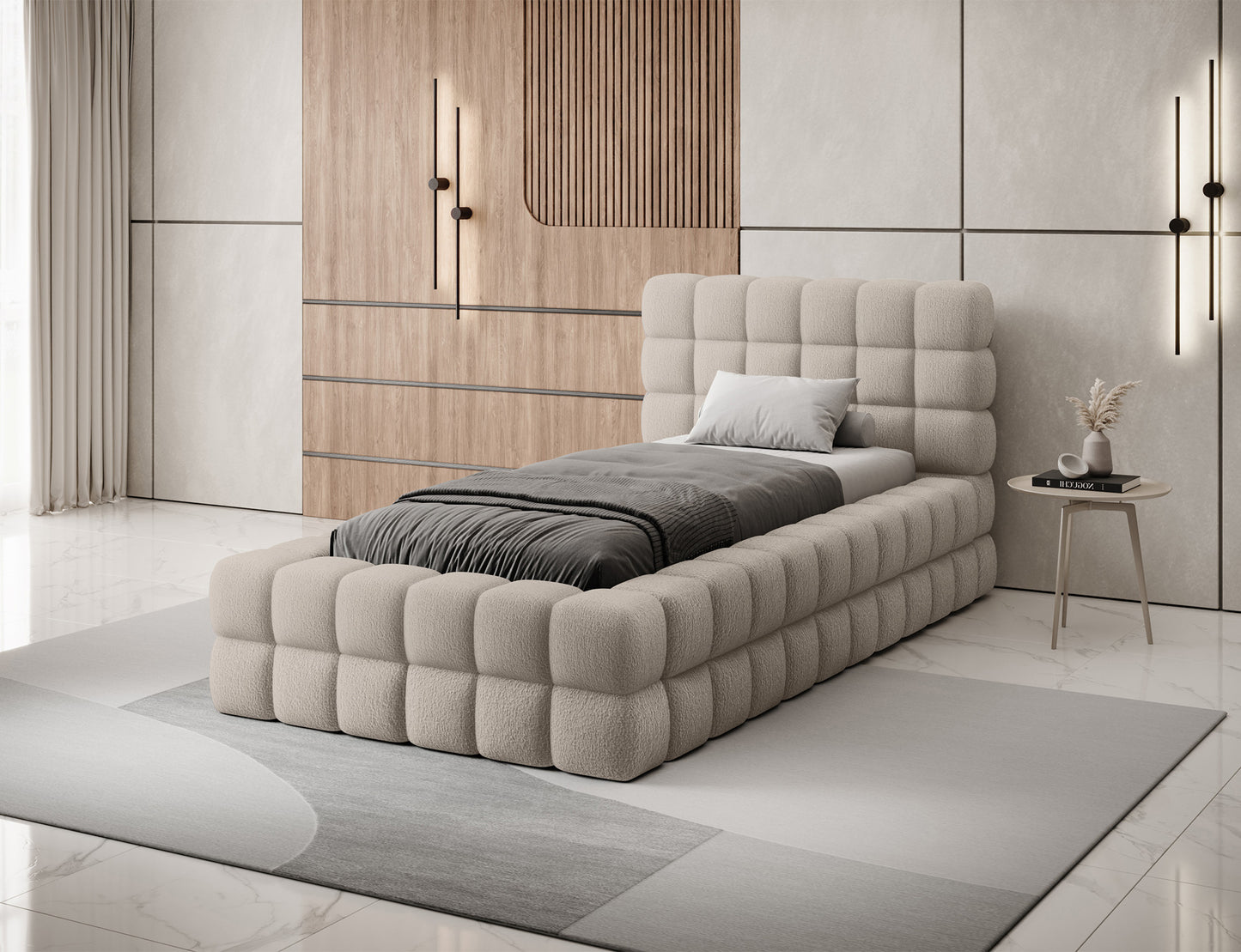 Łóżko jednoosobowe Dizzle 90x200 Royal 18 jasnobeżowy, skośny widok w aranżacji wnętrza, elegancki i nowoczesny styl.