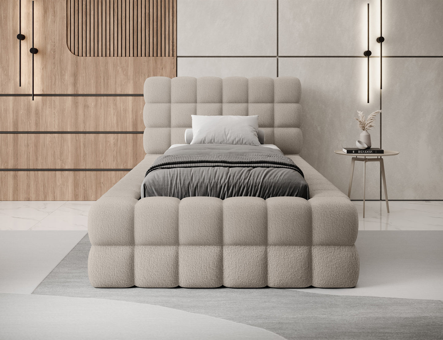 Łóżko tapicerowane Dizzle 90x200 w tkaninie Royal 18 jasnobeżowy, widok z przodu, nowoczesny design z pojemnikiem.