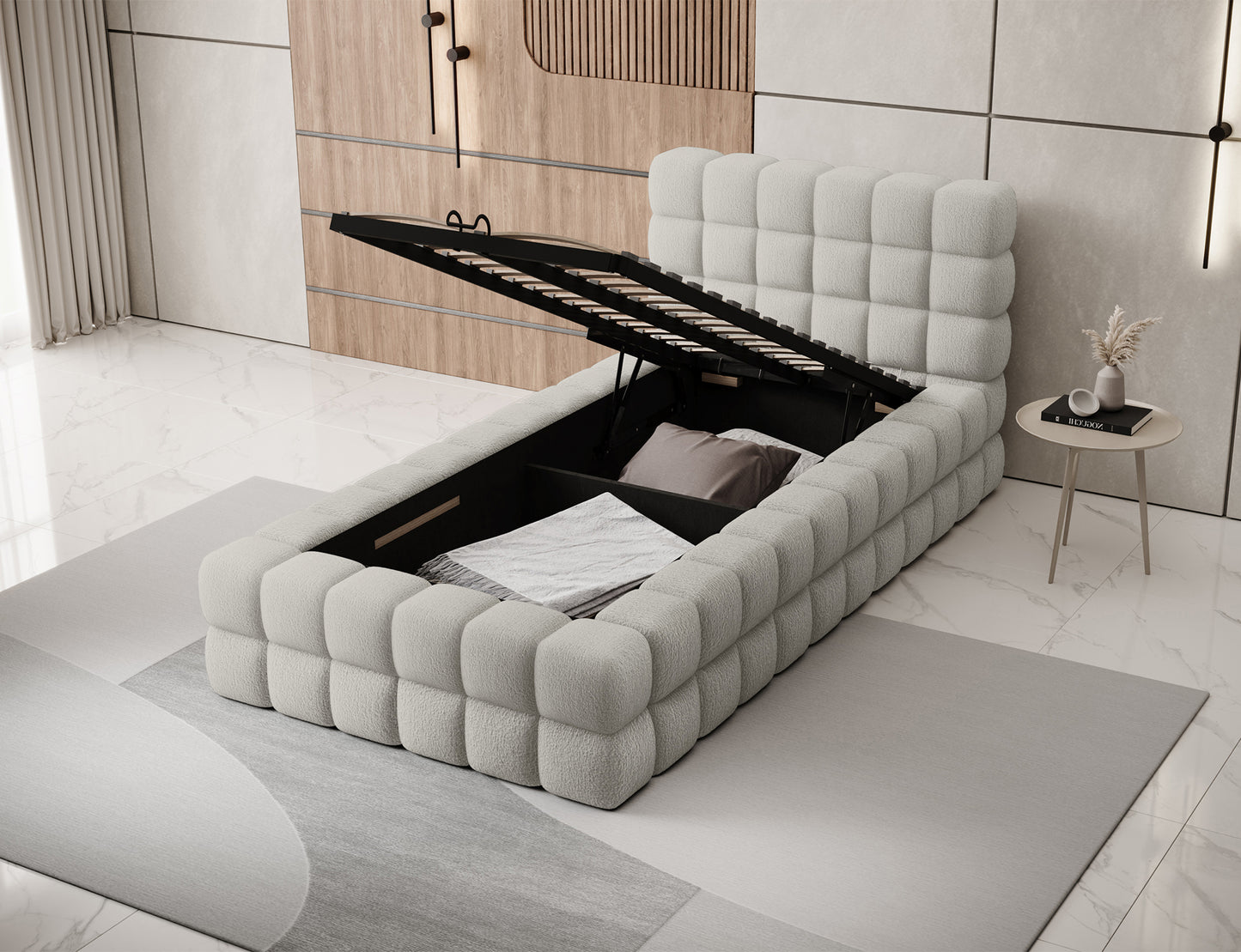 Łóżko Dizzle I 90x200 beżowe w tkaninie Royal 20, tapicerowane z otwartym pojemnikiem na pościel i materacem.