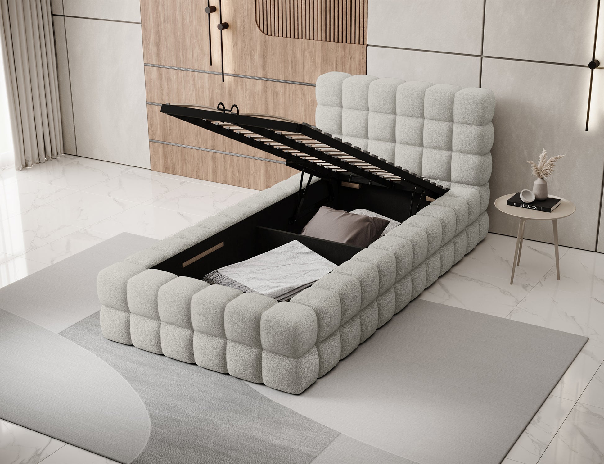 Łóżko Dizzle I 90x200 beżowe w tkaninie Royal 20, tapicerowane z otwartym pojemnikiem na pościel i materacem.