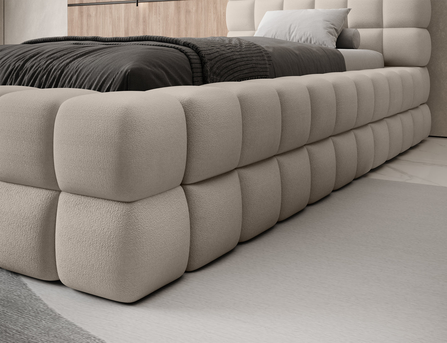 Boczny widok łóżka Dizzle 90 Touch 18 jasnobeżowy – solidna konstrukcja, nowoczesna tapicerka i wyjątkowy charakter.