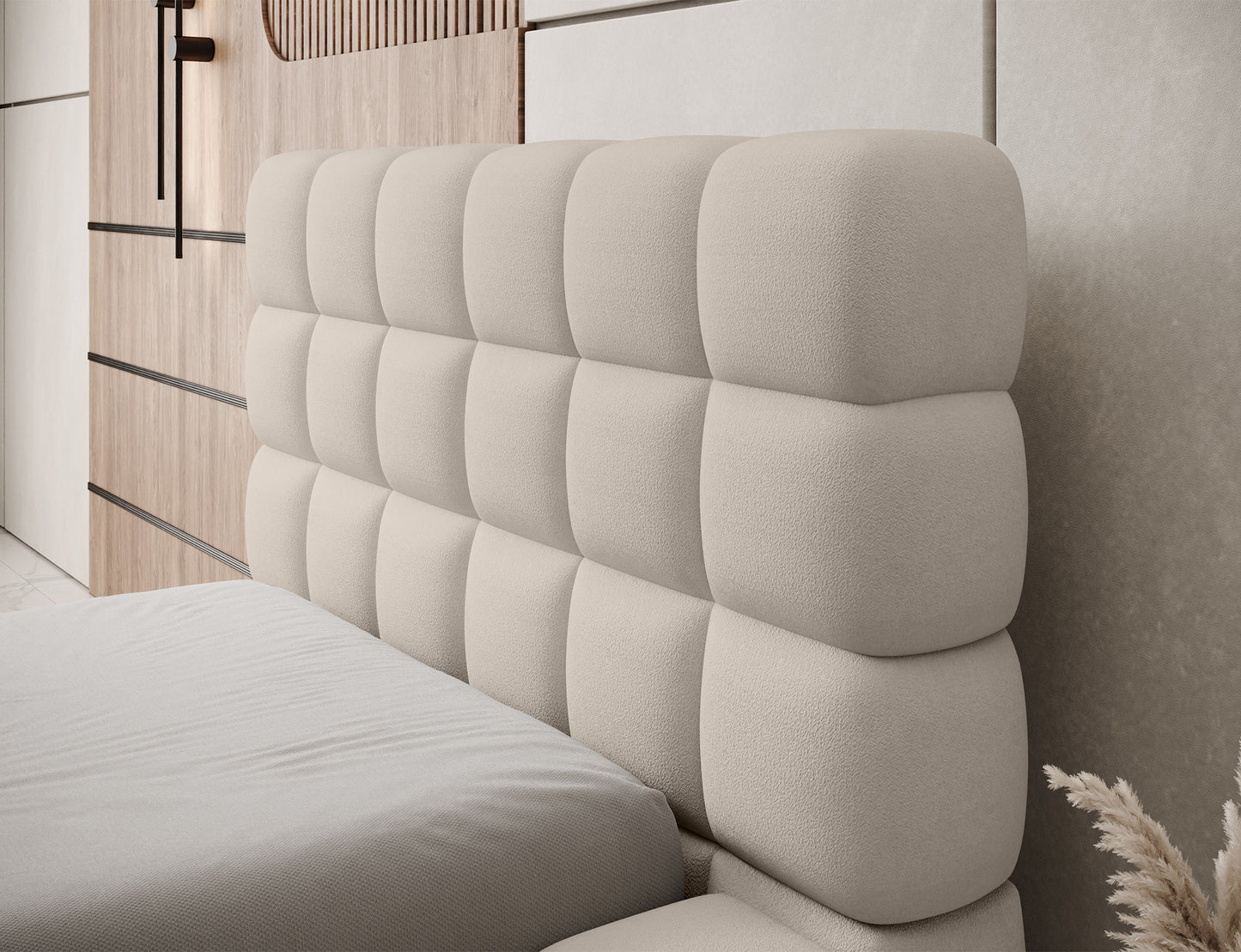 Wezgłowie łóżka Dizzle 90 Touch 18 jasnobeżowy – geometryczne pikowania, eleganckie detale i wygodne oparcie.