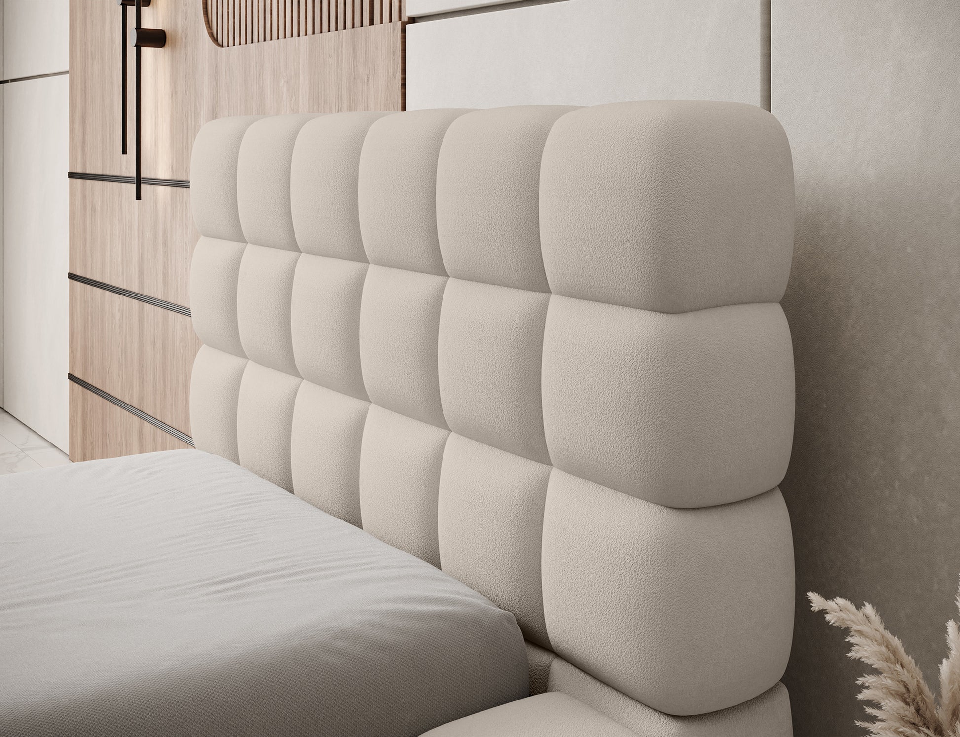 Wezgłowie łóżka Dizzle 90 Touch 18 jasnobeżowy – geometryczne pikowania, eleganckie detale i wygodne oparcie.