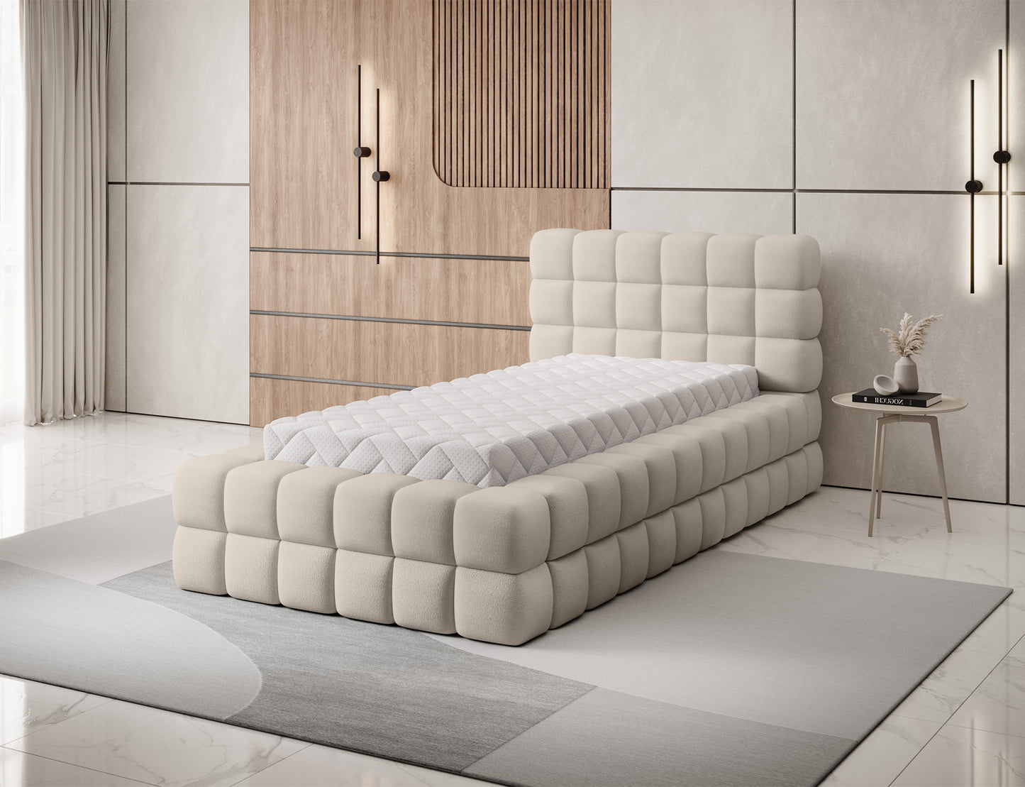 Łóżko Dizzle 90 Touch 18 jasnobeżowy w sypialni – designerski styl, komfort użytkowania i elegancja w jednym meblu.