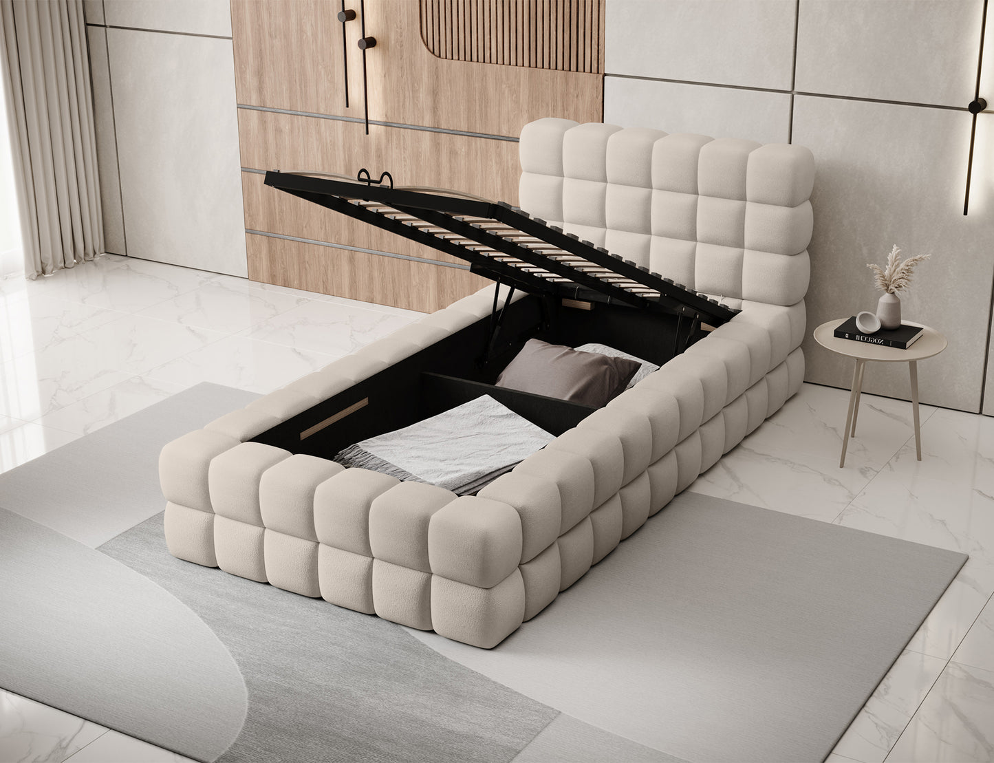 Łóżko Dizzle 90 Touch 18 jasnobeżowy z pojemnikiem – praktyczne przechowywanie, wygoda i estetyczne wykończenie.