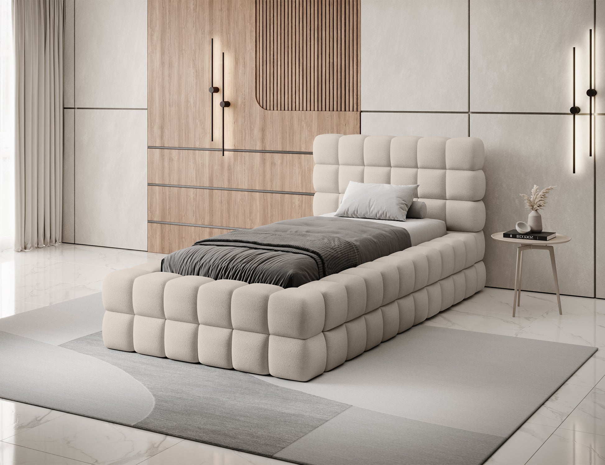 Aranżacja sypialni z łóżkiem Dizzle 90 Touch 18 jasnobeżowy – nowoczesny charakter, funkcjonalność i elegancja wnętrza.