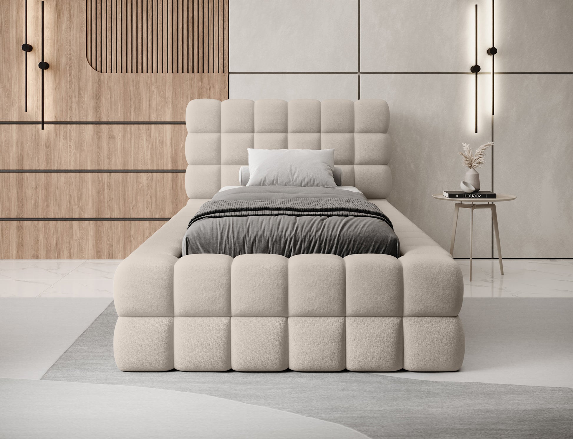 Łóżko Dizzle 90 Touch 18 jasnobeżowy w aranżacji sypialni – wyjątkowy styl, komfort snu i nowoczesne wykończenie.
