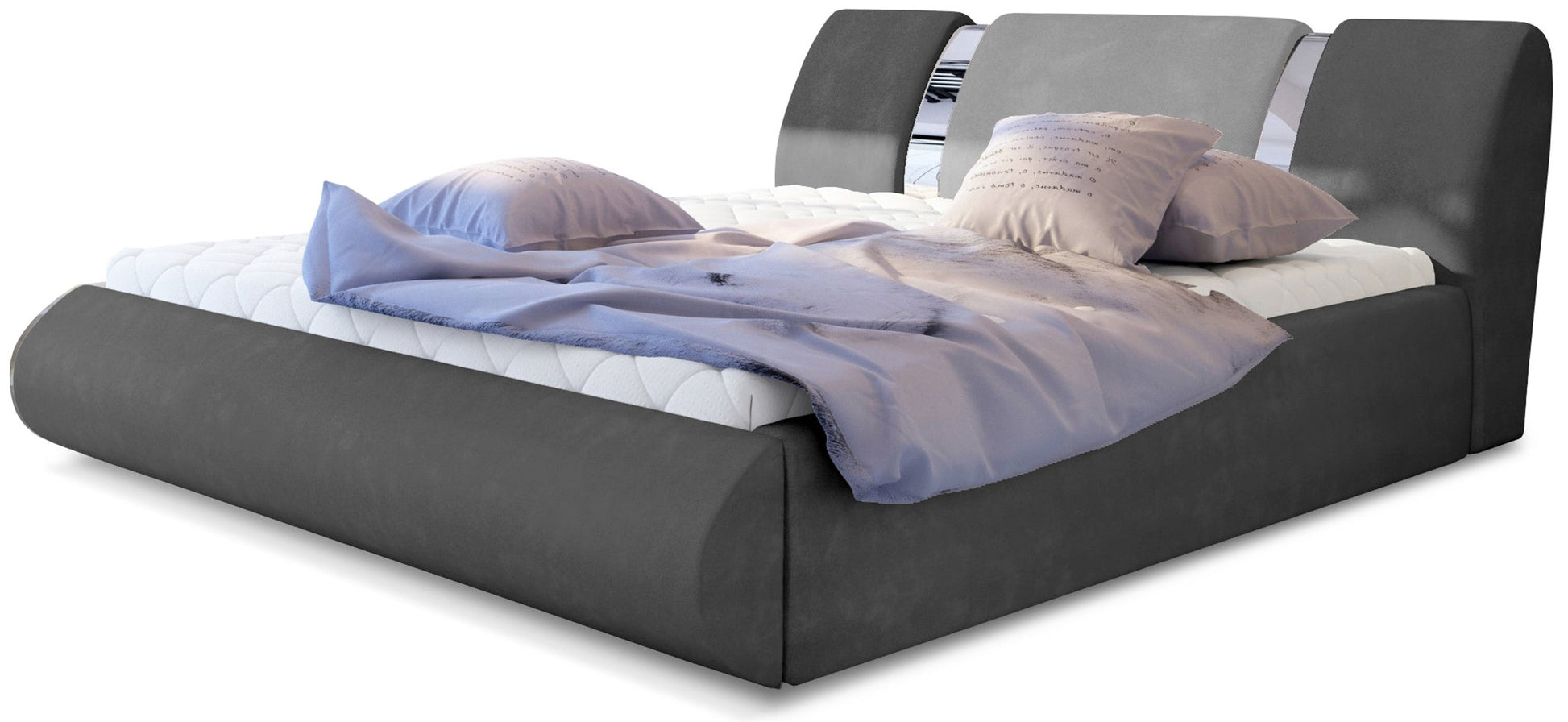 Łóżko tapicerowane Flavio 180x200 cm w tkaninie Paros 06 ciemnoszary z kontrastującymi panelami Paros 05 szary, ujęcie z przodu z elegancką, jasną pościelą.