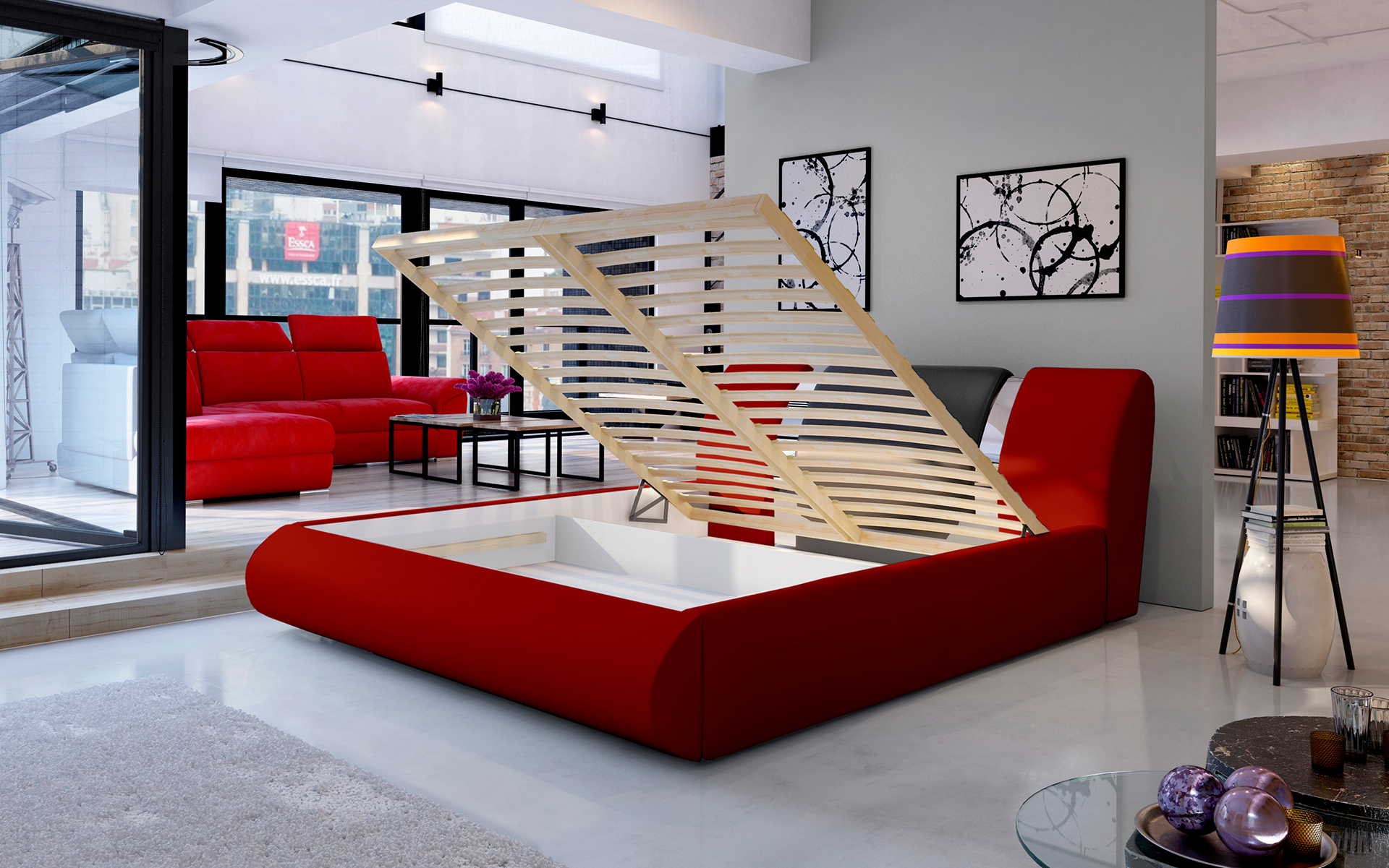 Łóżko Flavio 160x200 cm w tkaninie Soft 10 czerwony / Soft 11 czarny z podniesionym stelażem, prezentujące pojemnik na pościel w eleganckim, loftowym wnętrzu.