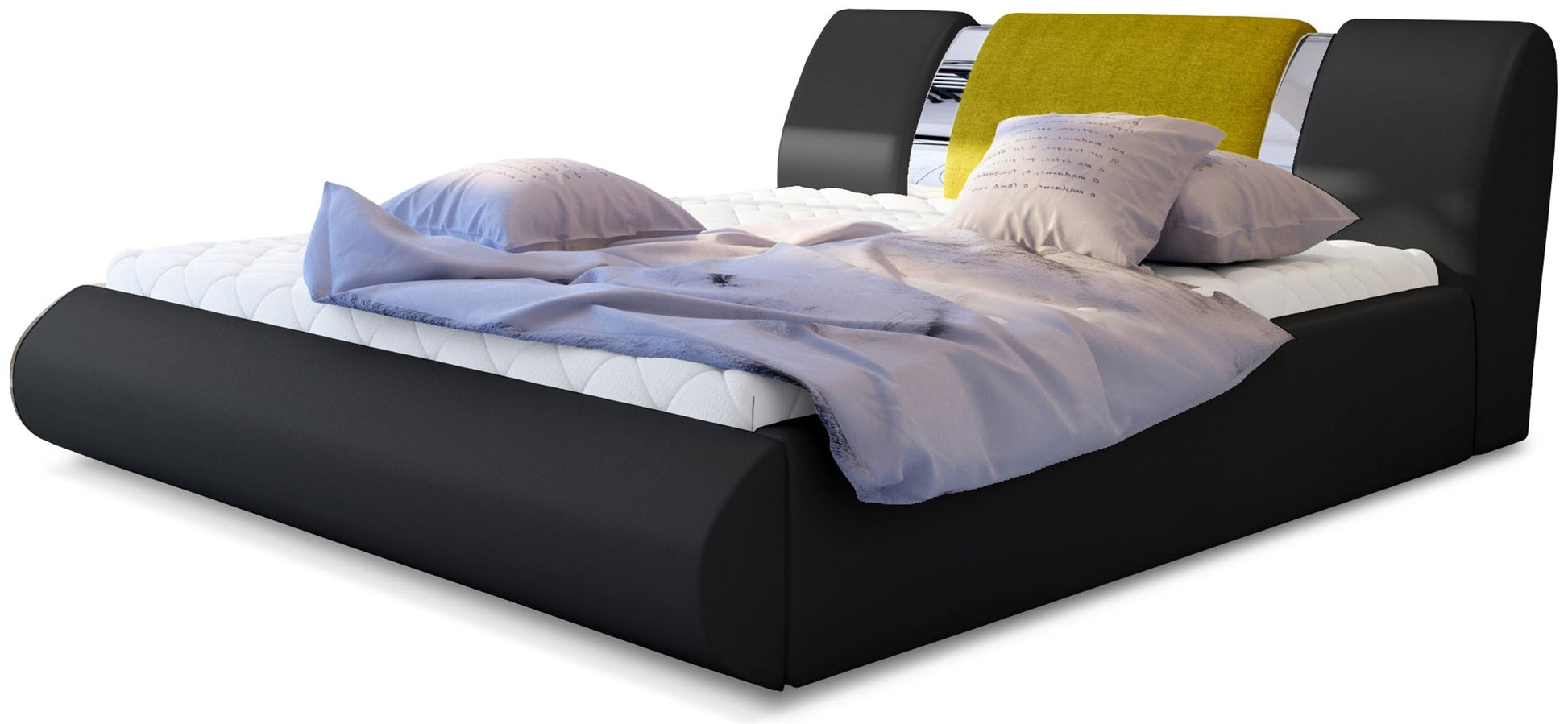 Łóżko tapicerowane Flavio 140x200 cm w tkaninie Soft 11 czarny z akcentami Omega 68 miodowy, widok z przodu z elegancką pościelą w jasnych odcieniach.