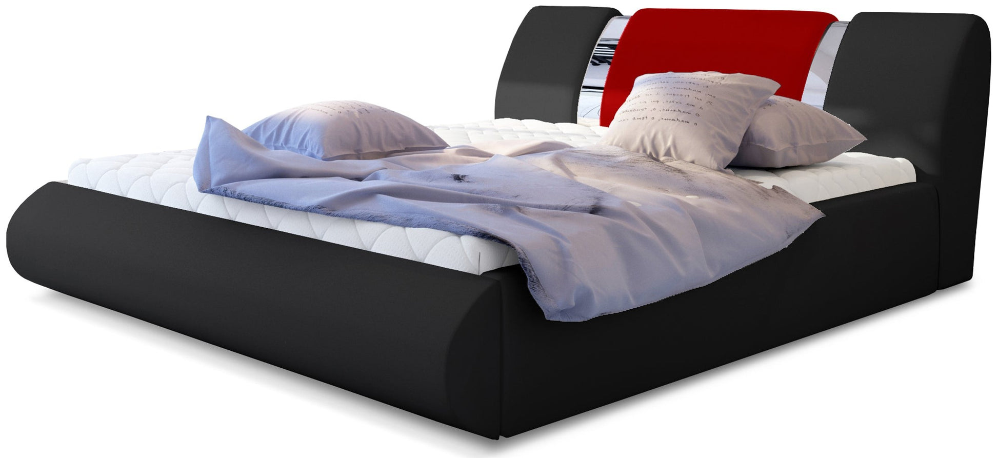 Łóżko tapicerowane Flavio 180x200 cm w tkaninie Soft 11 czarny z akcentami Soft 10 czerwony, ujęcie z przodu z elegancką, jasną pościelą.