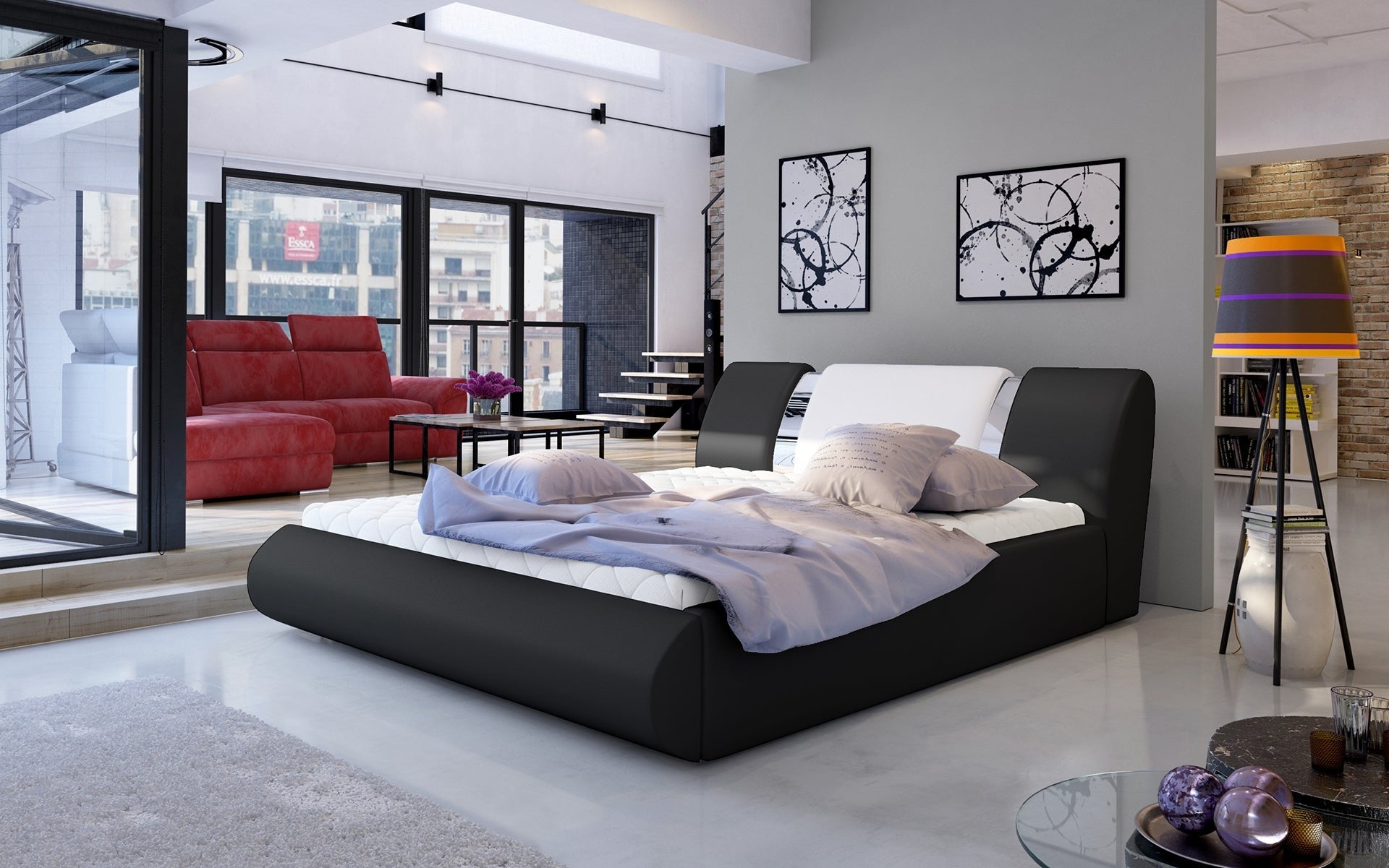 Łóżko Flavio 160x200 cm w kolorze Soft 11 czarny / Soft 17 biały ustawione w przestronnej, nowoczesnej sypialni z dużymi oknami i minimalistycznymi dodatkami.