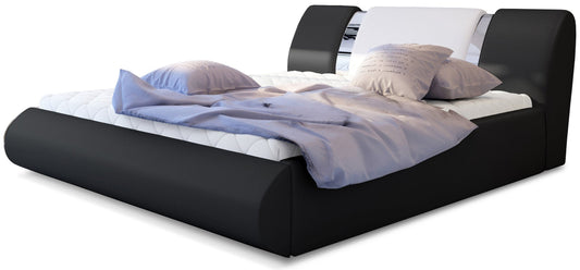 Łóżko tapicerowane Flavio 160x200 cm w tkaninie Soft 11 czarny z kontrastującymi panelami Soft 17 biały, ujęcie z przodu z elegancką, jasną pościelą.