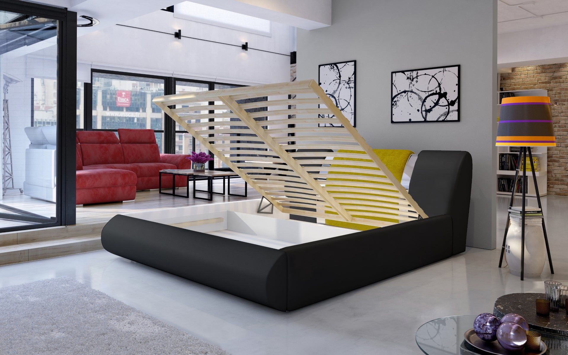 Łóżko Flavio 160x200 cm w tkaninie Soft 11 czarny / Omega 68 miodowy z podniesionym stelażem, prezentujące pojemnik na pościel w stylowym, loftowym wnętrzu.