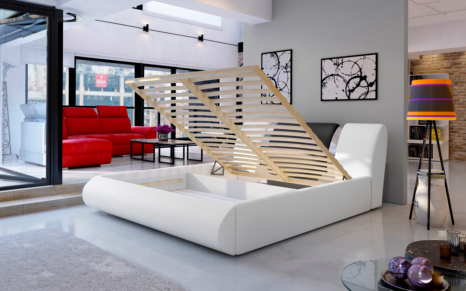 Łóżko Flavio 160x200 cm w tkaninie Soft 17 biały / Soft 11 czarny z podniesionym stelażem, prezentujące pojemnik na pościel w eleganckim, loftowym wnętrzu.