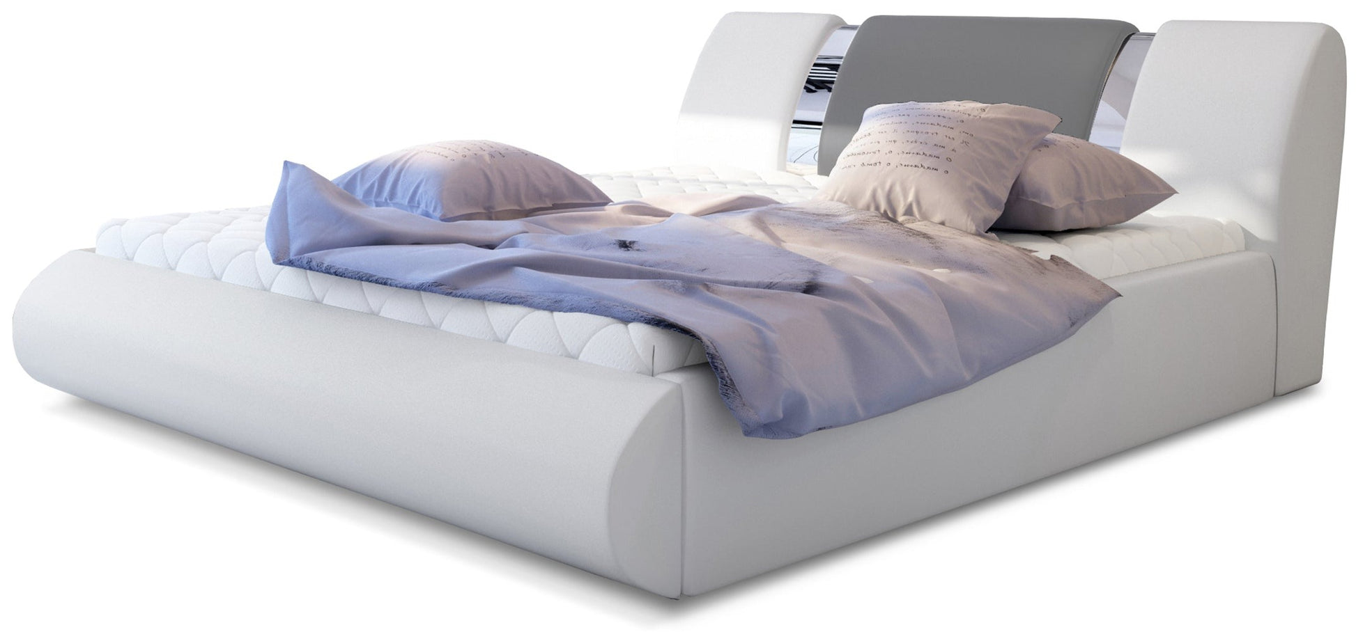 Łóżko tapicerowane Flavio 160x200 cm w tkaninie Soft 17 biały z panelami Soft 29 szary, ujęcie z przodu z elegancką, jasną pościelą.