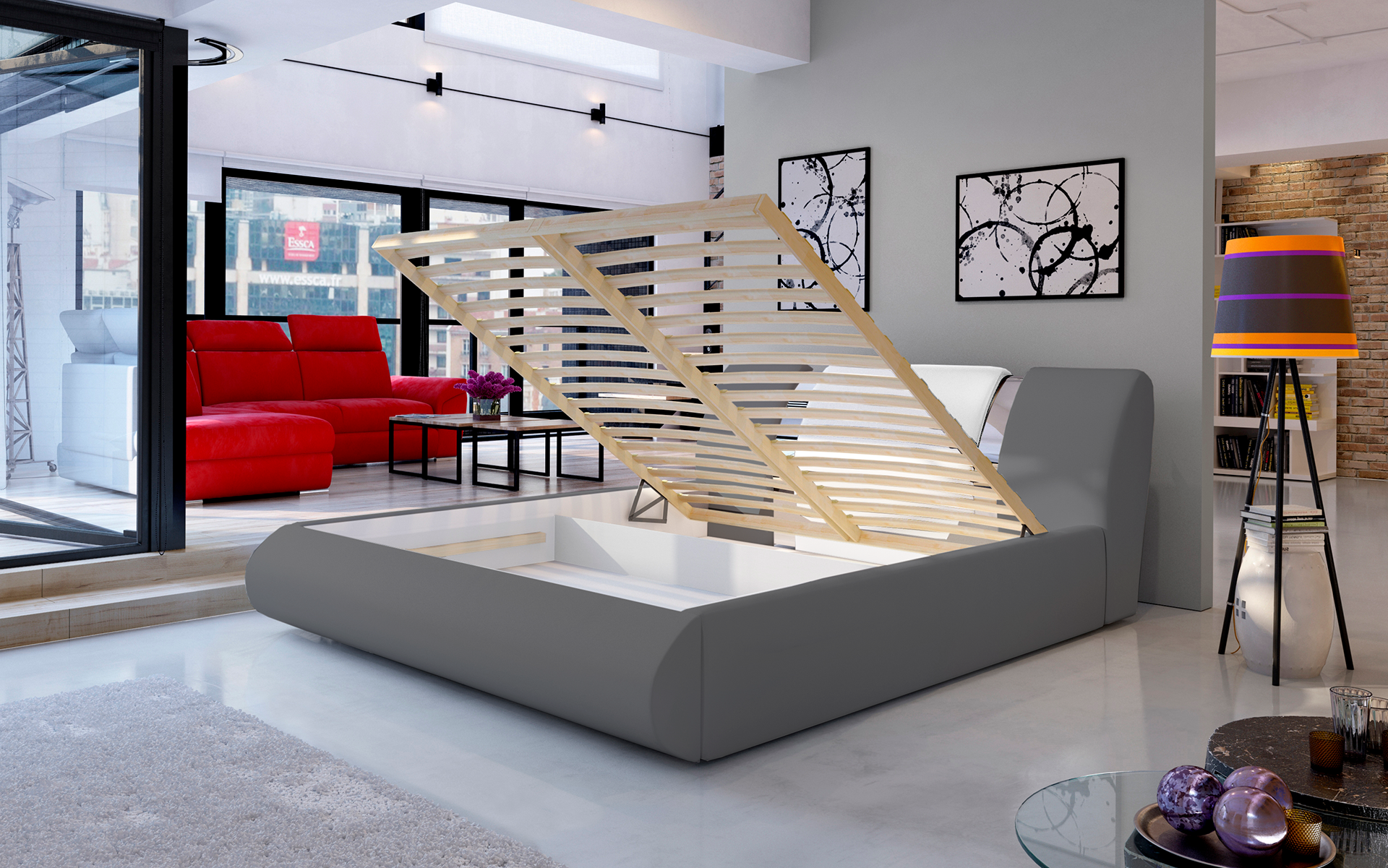 Łóżko Flavio 160x200 cm w tkaninie Soft 29 szary / Soft 17 biały z podniesionym stelażem, prezentujące pojemnik na pościel w eleganckim, loftowym wnętrzu.