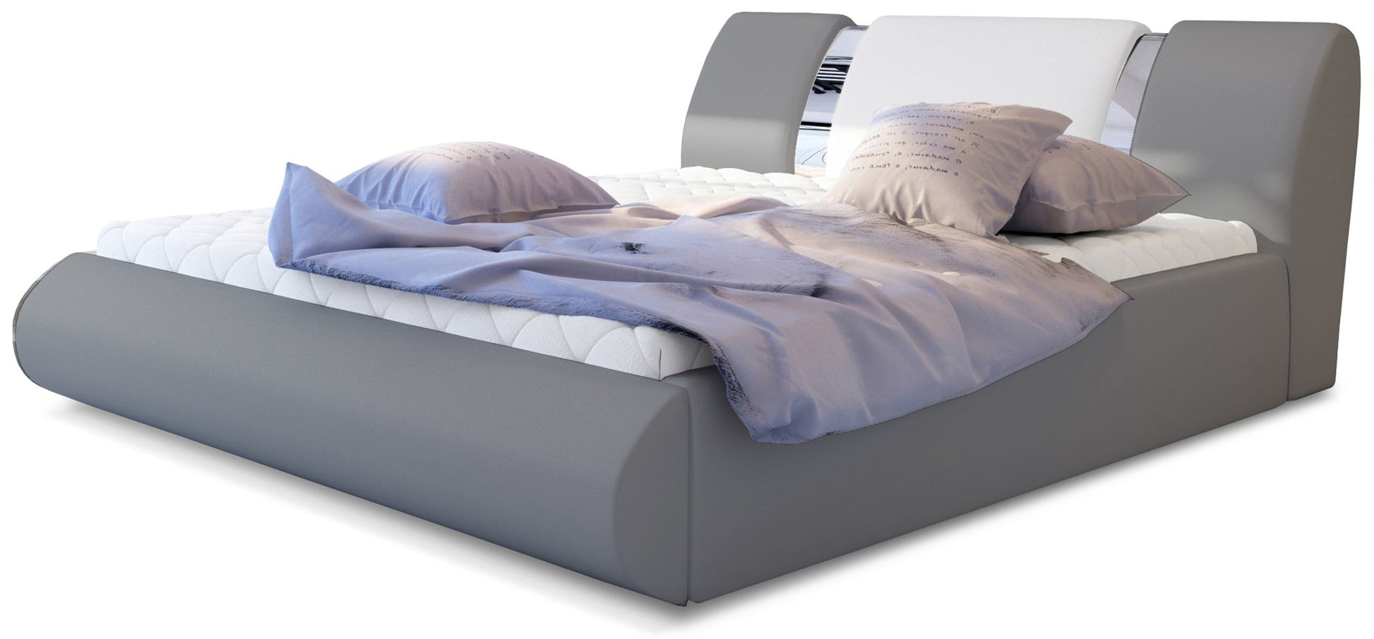 Łóżko tapicerowane Flavio 180x200 cm w tkaninie Soft 29 szary z kontrastującymi panelami Soft 17 biały, ujęcie z przodu z elegancką, jasną pościelą.