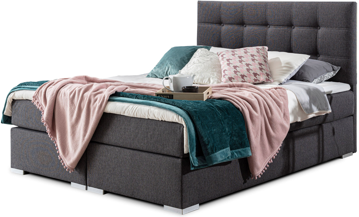 Łóżko kontynentalne Inez 140x200 cm w kolorze Inari 96 ciemnoszary, z eleganckim tapicerowanym zagłówkiem pikowanym w kwadraty.