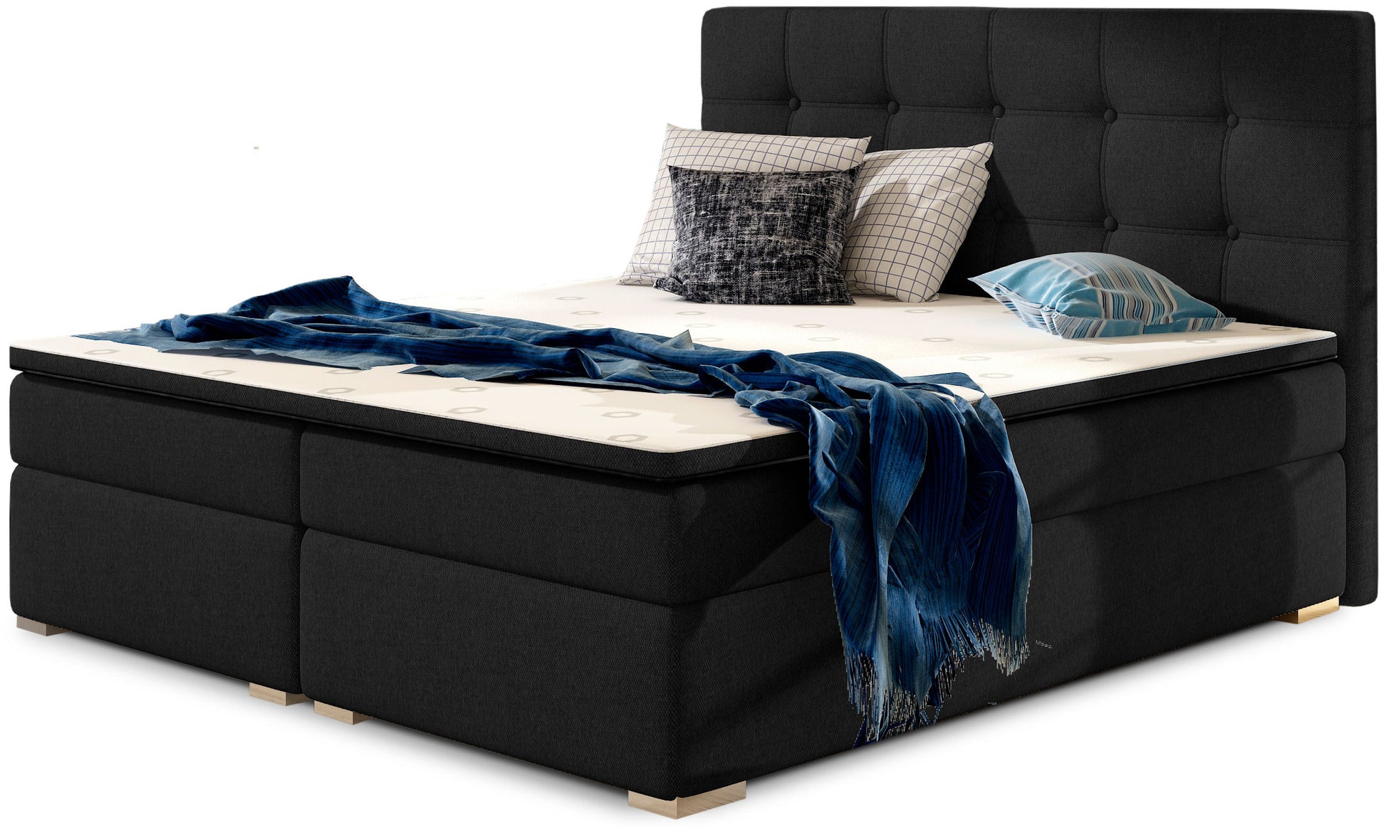 Łóżko kontynentalne Inez 180x200 cm w kolorze Sawana 14 czarny, z eleganckim tapicerowanym zagłówkiem pikowanym w kwadraty.