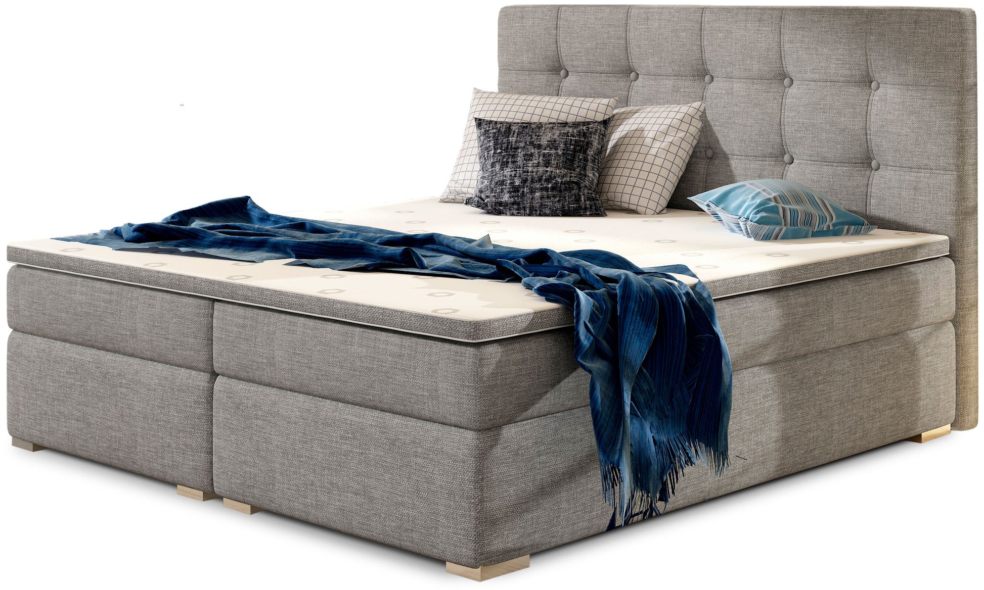 Łóżko kontynentalne Inez 140x200 cm w kolorze Sawana 21 szary, z wysokim tapicerowanym pikowanym zagłówkiem i eleganckim wykończeniem.
