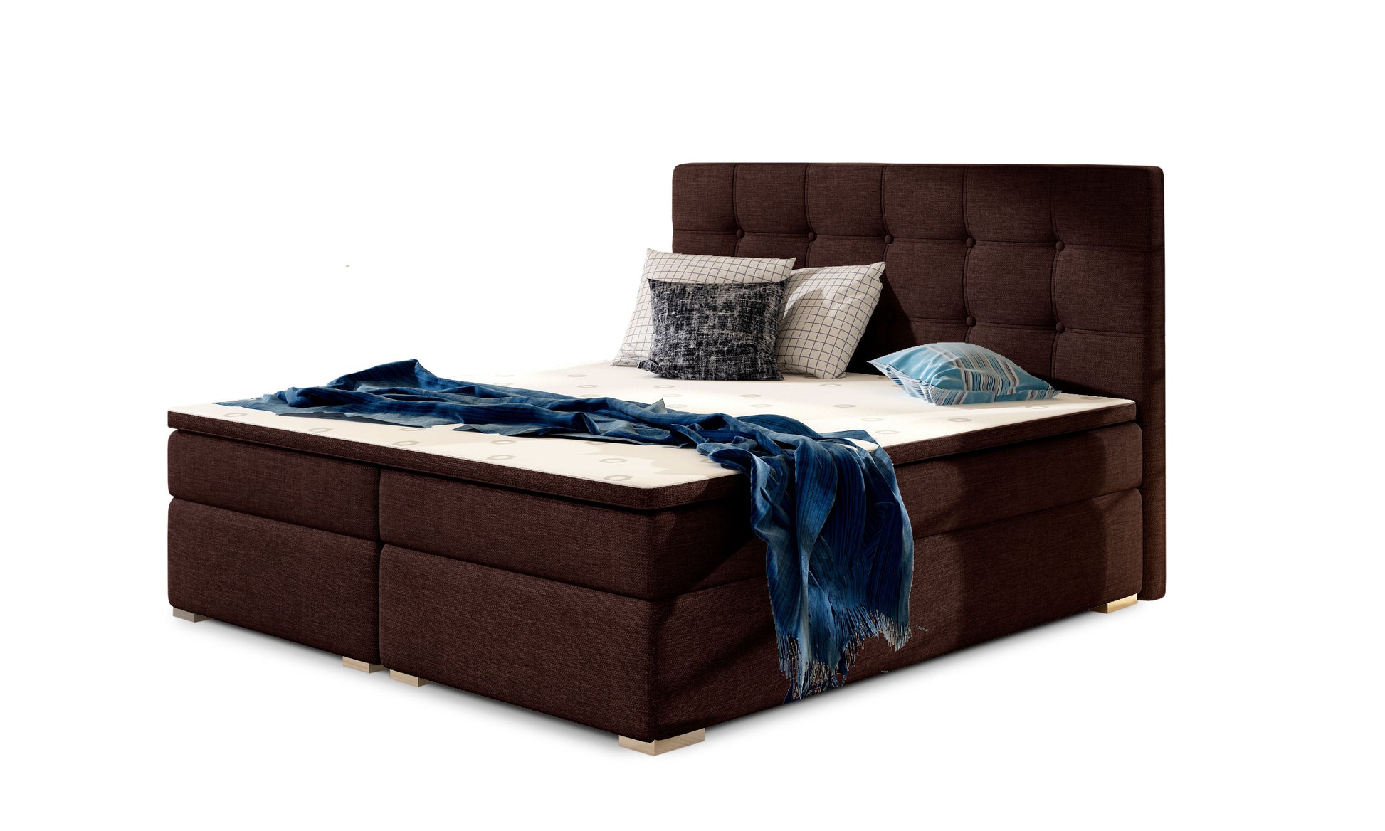 Łóżko kontynentalne Inez 140x200 cm w kolorze Sawana 26 brązowy, z tapicerowanym pikowanym zagłówkiem i eleganckim wykończeniem.