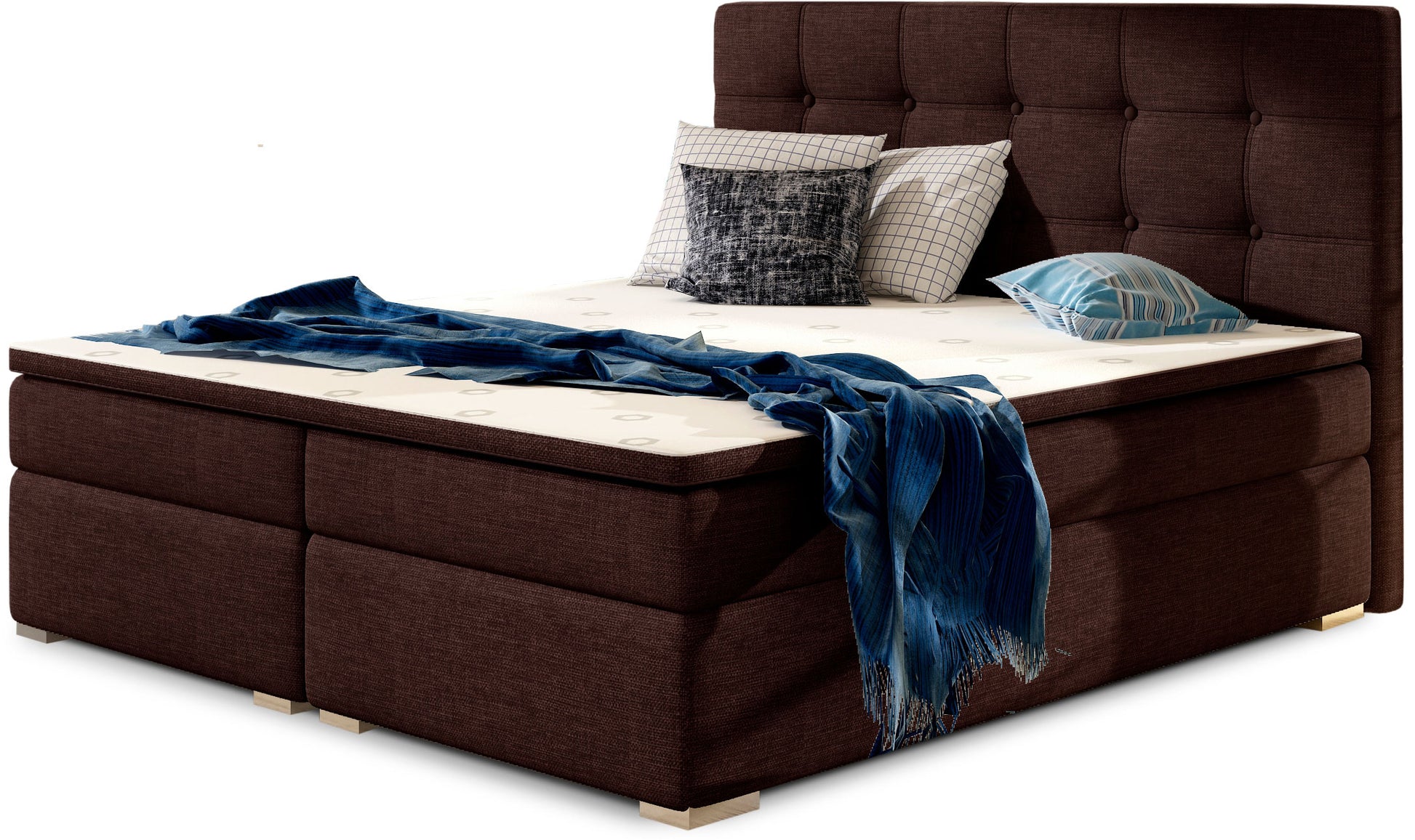 Łóżko kontynentalne Inez 180x200 cm w kolorze Sawana 26 brązowy, z tapicerowanym pikowanym zagłówkiem i eleganckim wykończeniem.