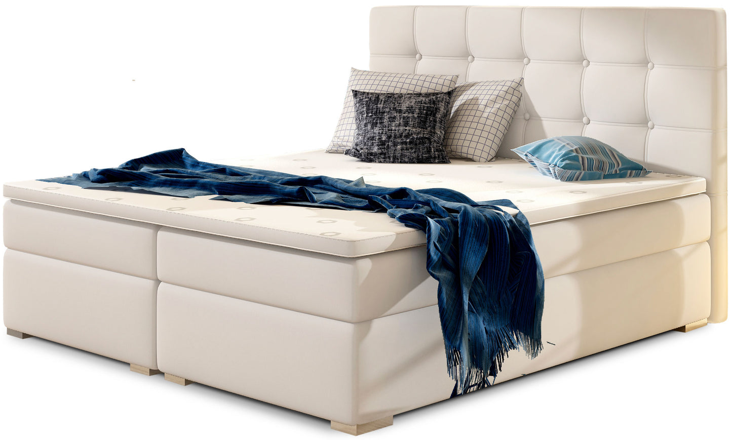 Łóżko kontynentalne Inez 180x200 cm w kolorze Soft 17 biały, z eleganckim tapicerowanym zagłówkiem pikowanym w kwadraty.