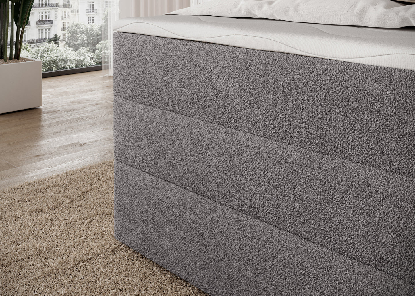 Korpus łóżka Kasped w tkaninie Paolli 04 szarej, solidna tapicerowana konstrukcja i stylowe wykończenie w nowoczesnym wnętrzu.