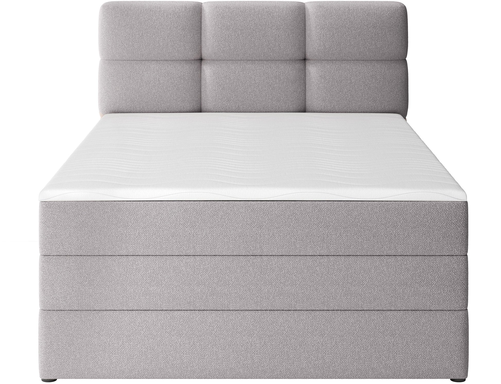 Łóżko kontynentalne Kasped w szarej tkaninie Paolli 04, widok od frontu z wysokim tapicerowanym zagłówkiem i topperem.