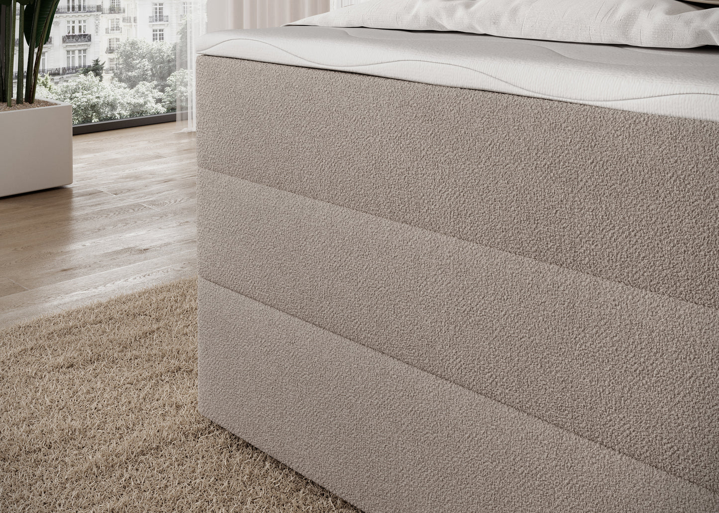 Korpus łóżka Kasped w tkaninie Paolli 18 beżowej, trwała konstrukcja tapicerowana z praktycznym pojemnikiem na pościel.