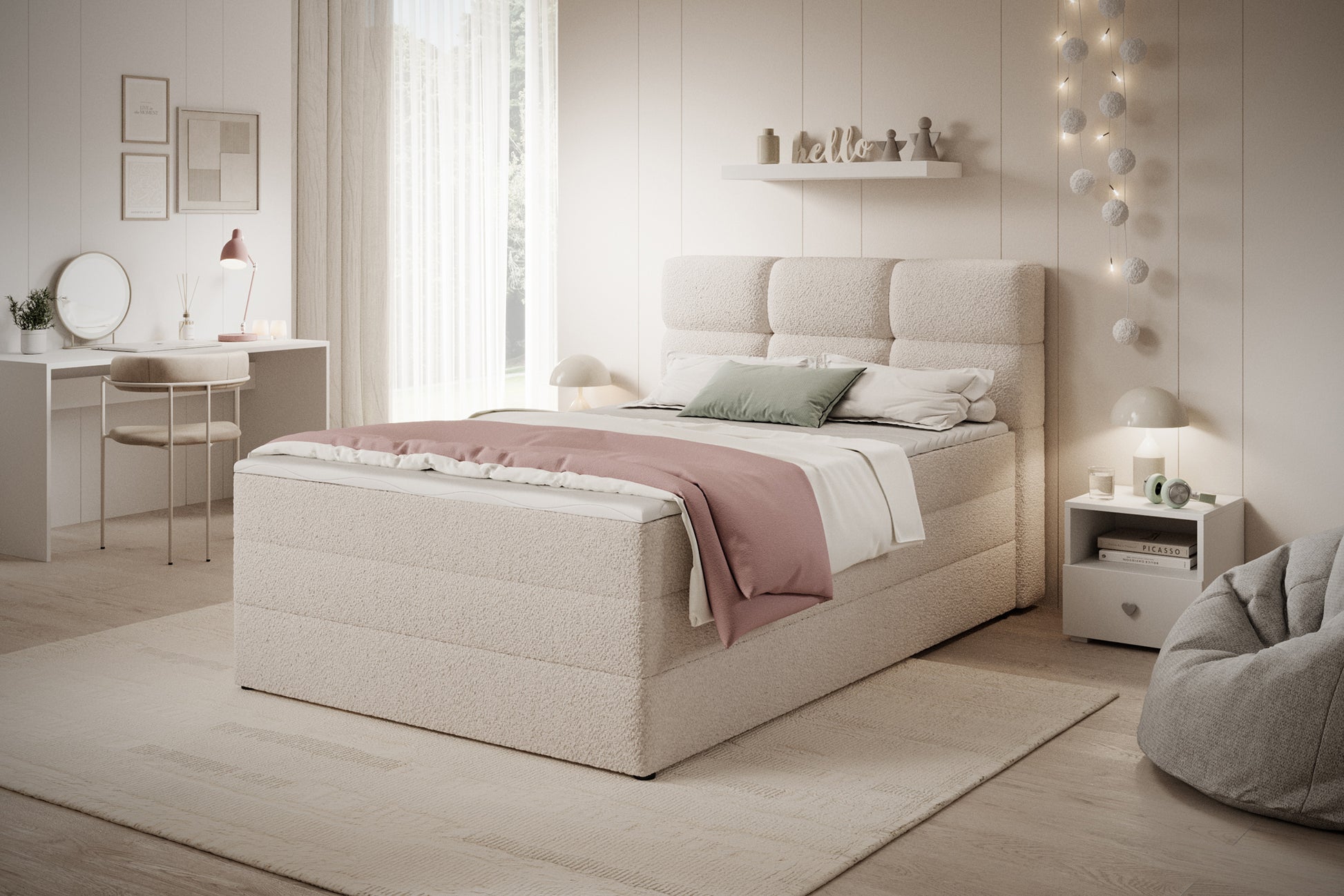 Łóżko Kasped w tkaninie Paolli 18 beżowej, aranżacja sypialni w jasnych barwach, komfortowe i eleganckie miejsce do snu.