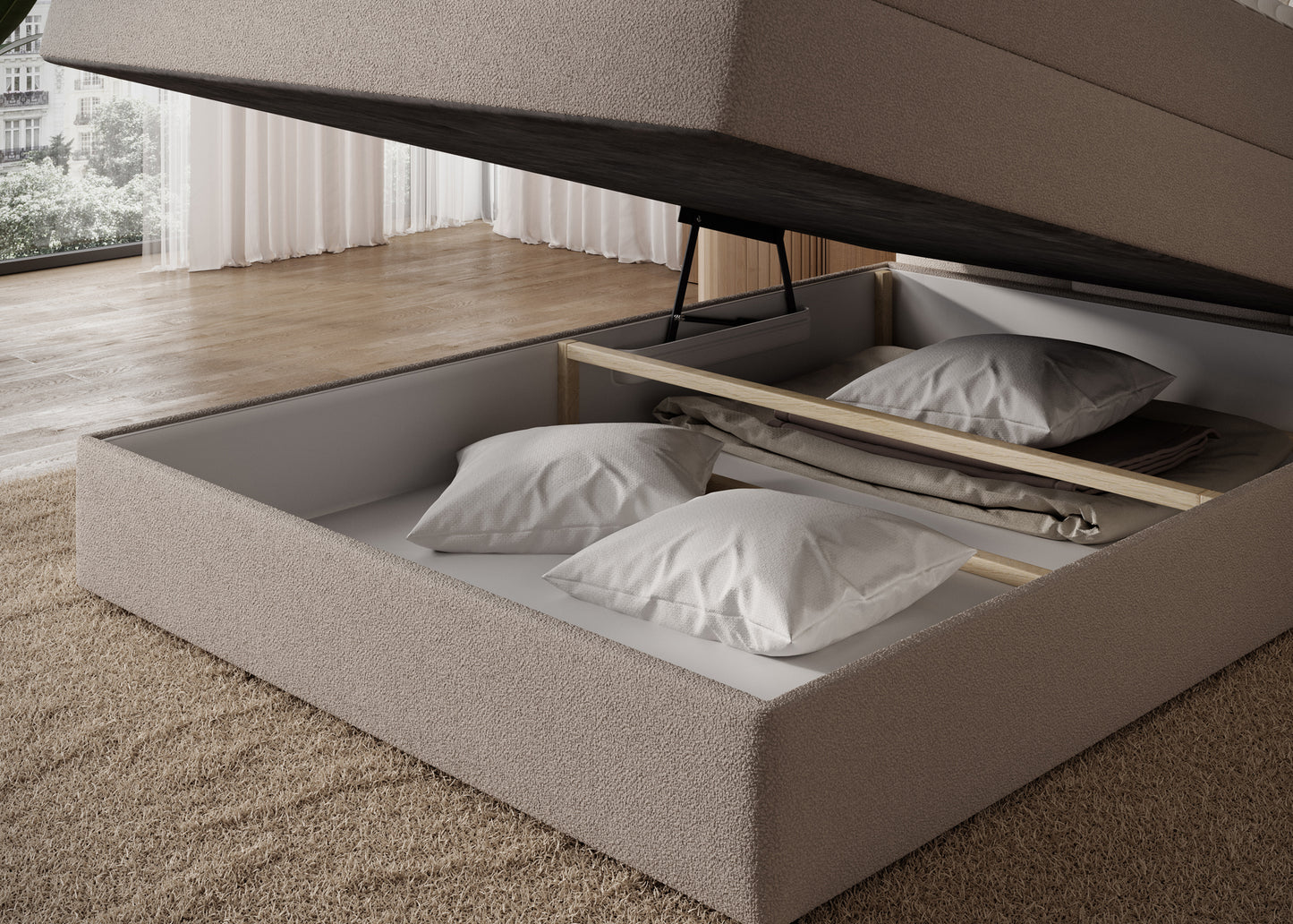 Pojemnik na pościel w łóżku Kasped, tkanina Paolli 18 beżowa – praktyczne wnętrze do przechowywania tekstyliów w sypialni.