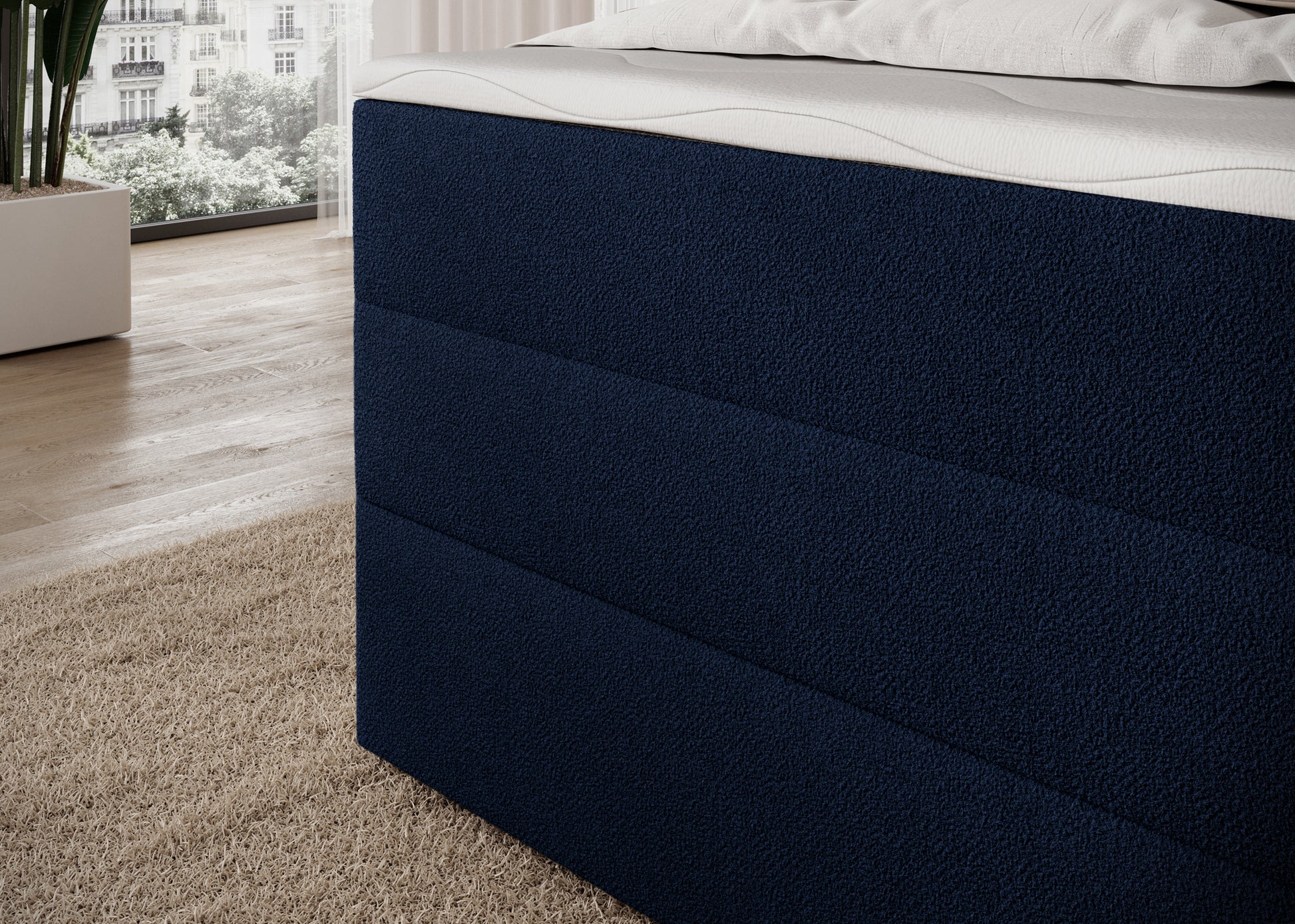 Korpus łóżka Kasped w tkaninie Paolli 40 niebieskiej, solidna tapicerowana konstrukcja i eleganckie wykończenie w nowoczesnym stylu.