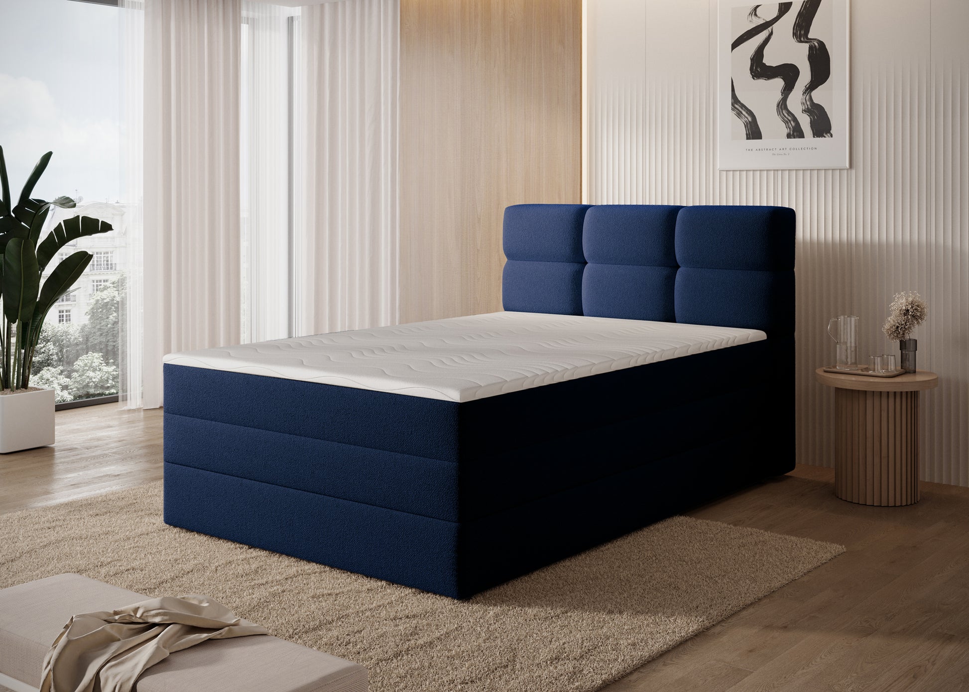 Łóżko Kasped w tkaninie Paolli 40 niebieskiej z materacem i praktycznym pojemnikiem na pościel – komfort i funkcjonalność.