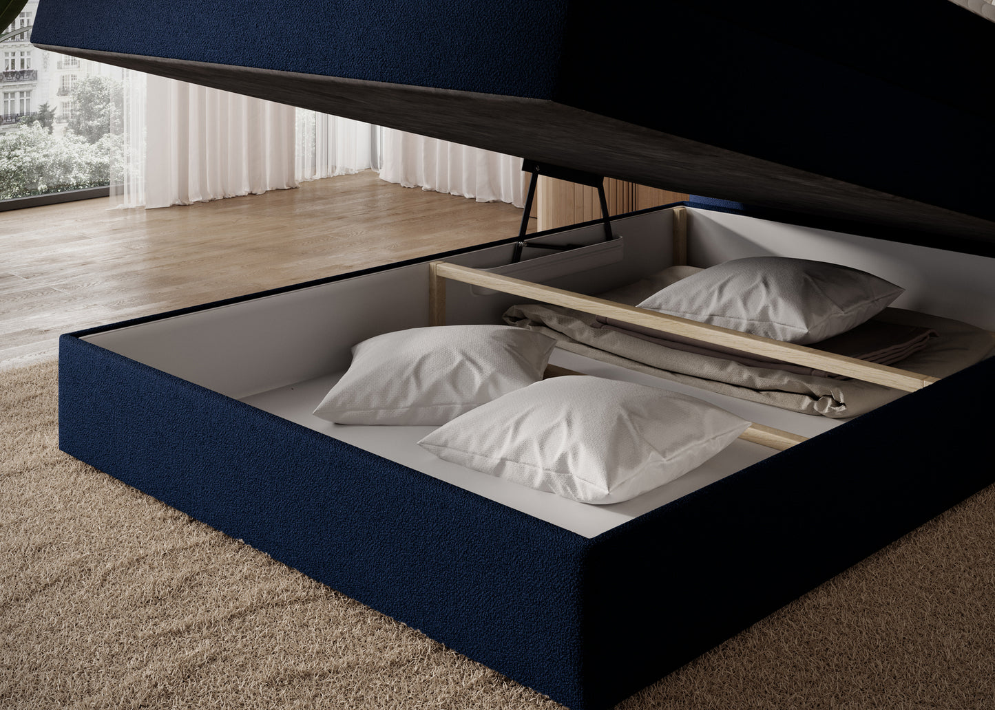 Pojemnik na pościel w łóżku Kasped, tkanina Paolli 40 niebieska – przestronne wnętrze do przechowywania w eleganckiej sypialni.