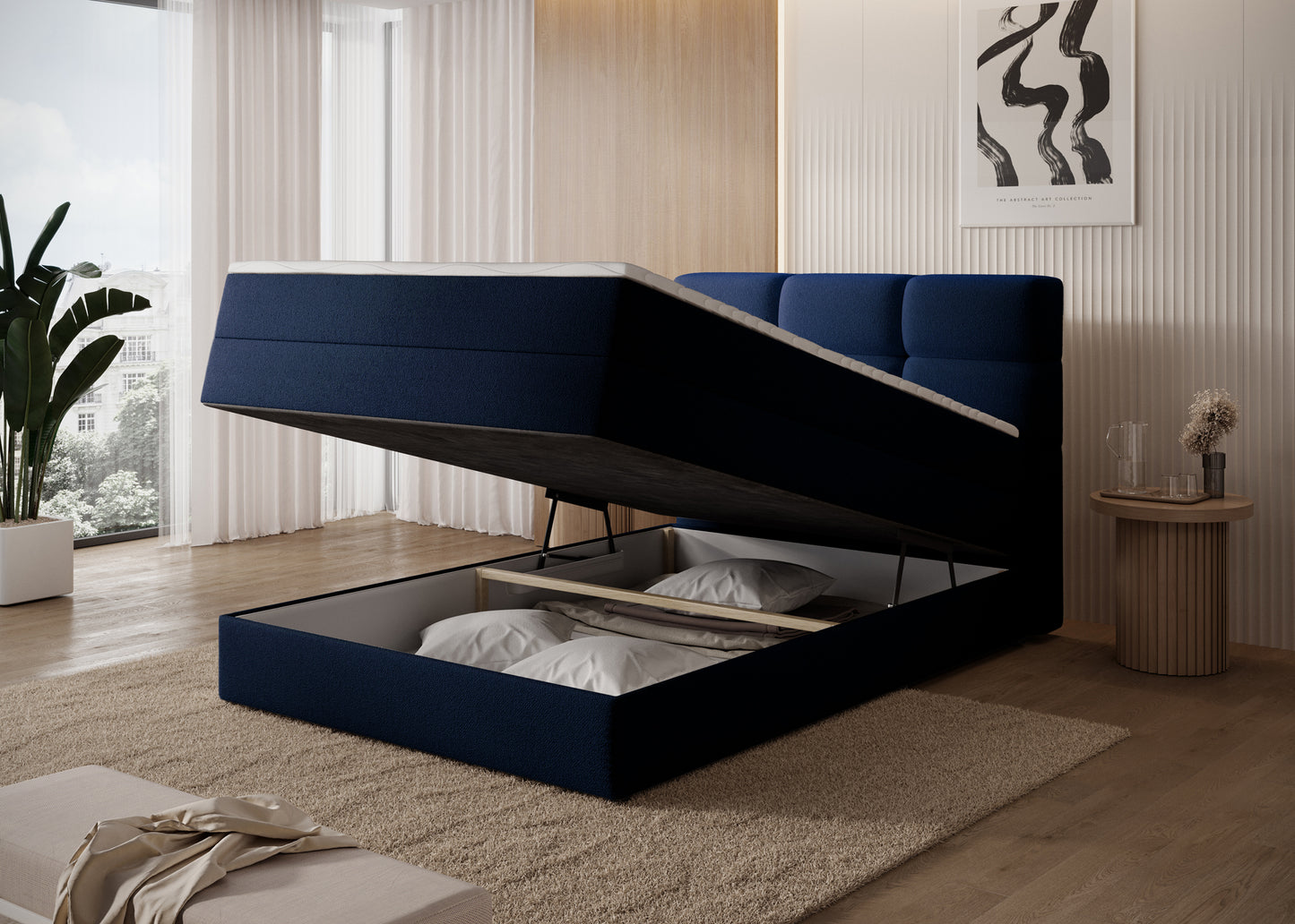 Łóżko Kasped w tkaninie Paolli 40 niebieskiej, otwarty pojemnik na pościel, wygodne przechowywanie i elegancki wygląd w sypialni.