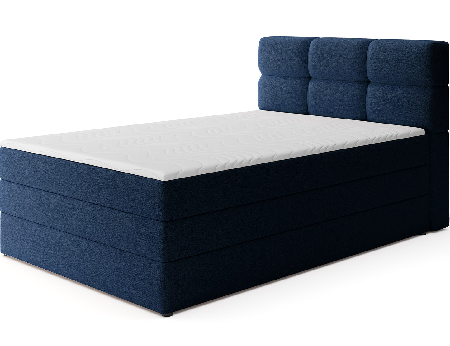 Łóżko kontynentalne Kasped w tkaninie Paolli 40 niebieskiej, widok skośny, elegancka forma i nowoczesna tapicerka do sypialni.