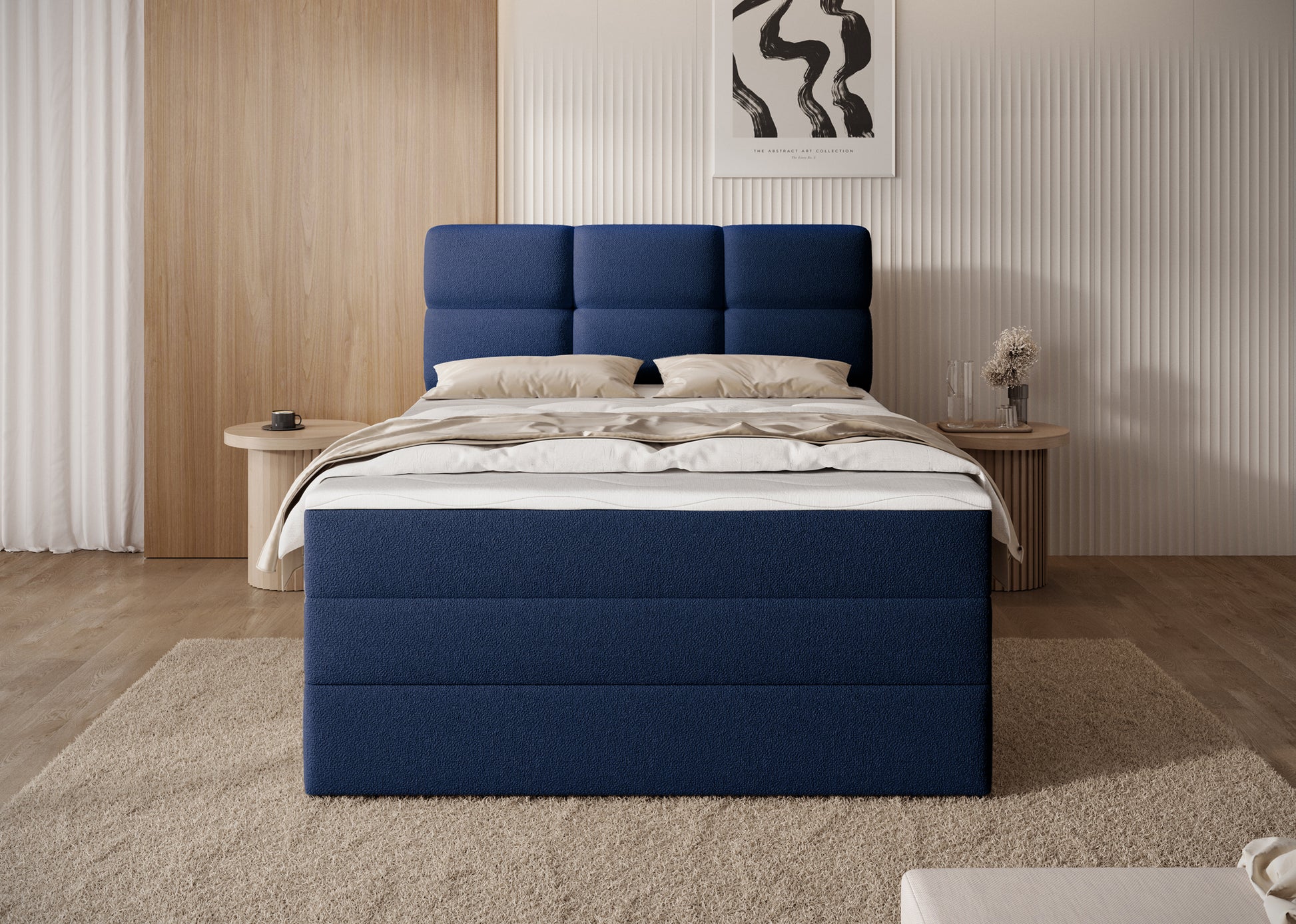 Łóżko Kasped w tkaninie Paolli 40 niebieskiej, aranżacja sypialni w jasnych barwach, stylowe i funkcjonalne rozwiązanie do wnętrza.