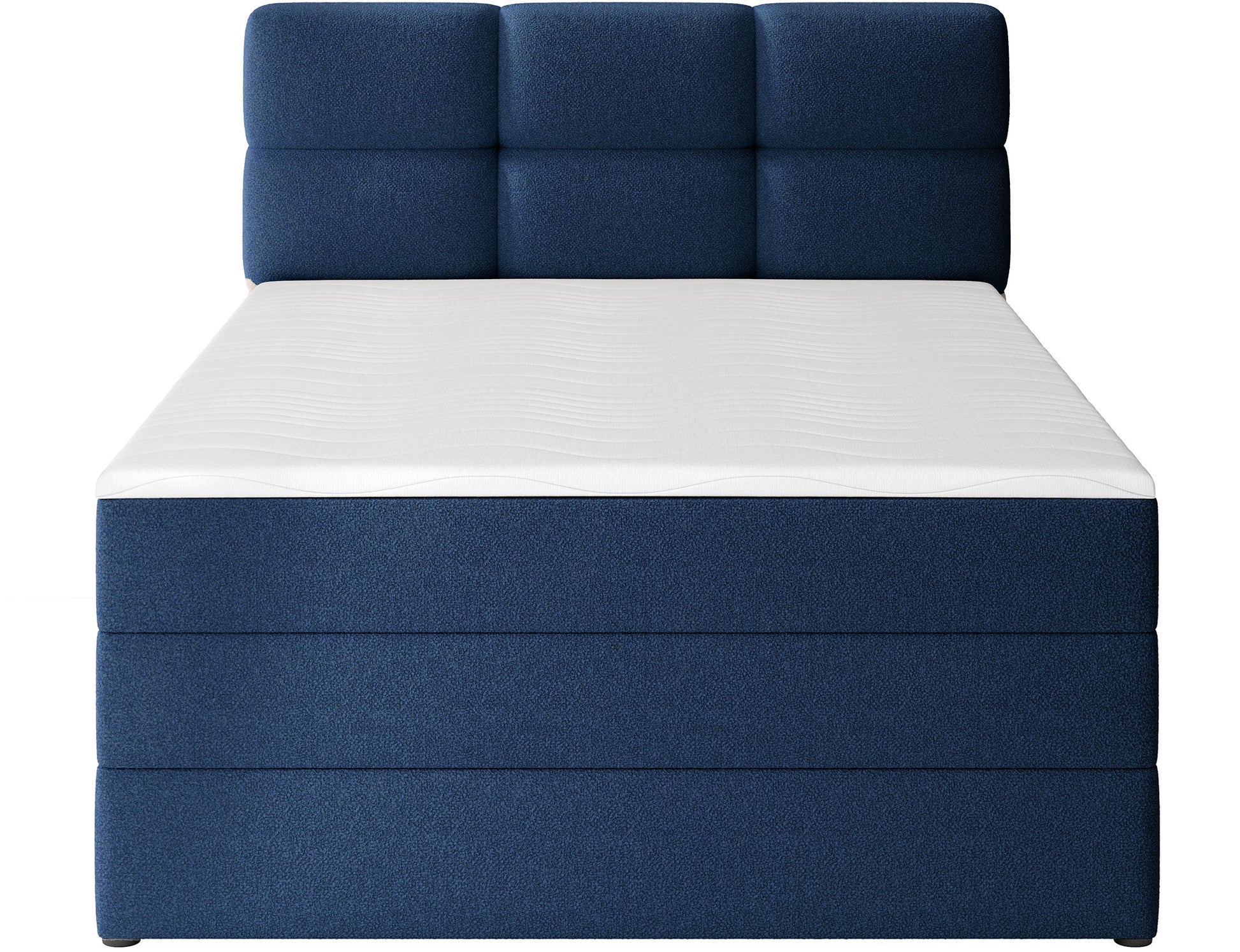 Łóżko kontynentalne Kasped w tkaninie Paolli 40 niebieskiej, widok od frontu z wysokim zagłówkiem i miękkim topperem piankowym.