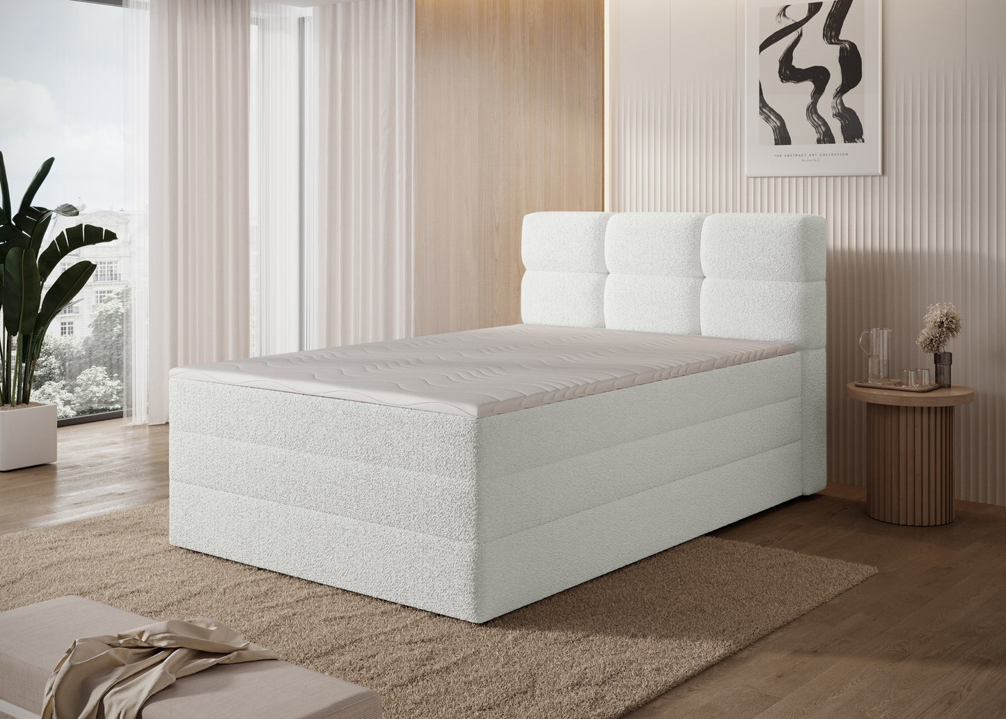 Łóżko Kasped w tkaninie Royal 01 białej z uniesionym materacem i pojemnikiem na pościel – komfortowe i funkcjonalne rozwiązanie.