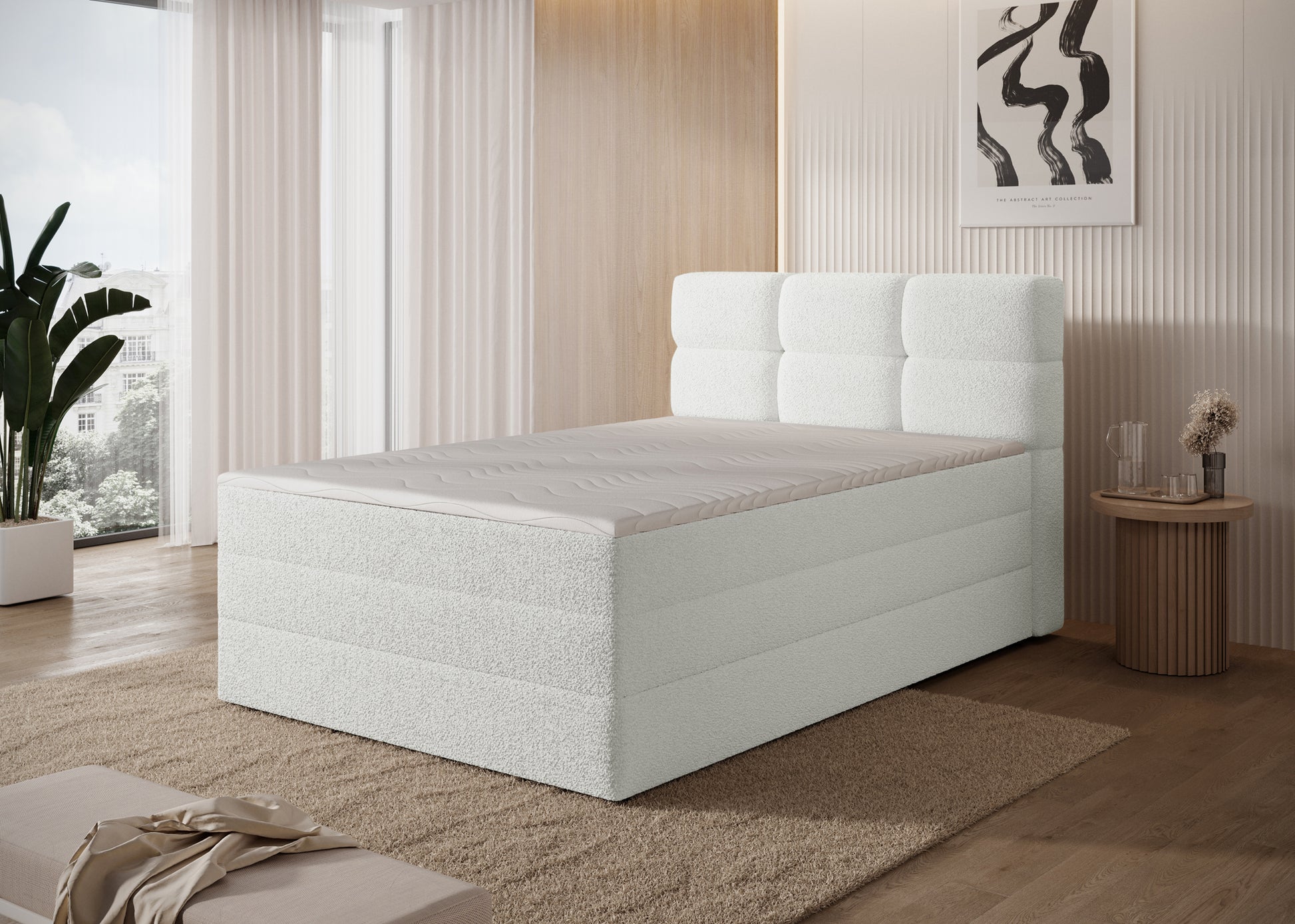 Łóżko Kasped w tkaninie Royal 01 białej z uniesionym materacem i pojemnikiem na pościel – komfortowe i funkcjonalne rozwiązanie.