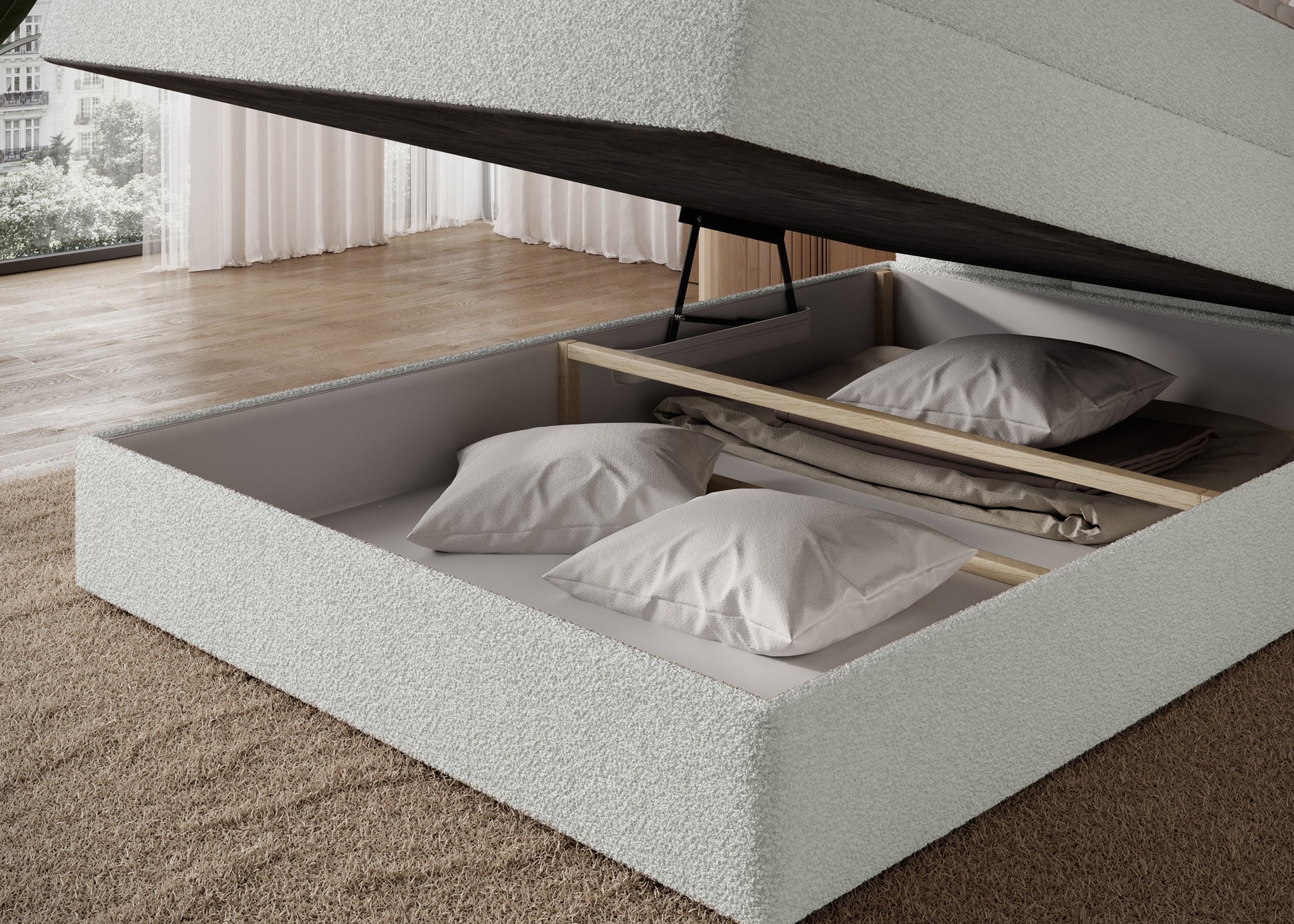 Pojemnik na pościel w łóżku Kasped, tkanina Royal 01 biała – przestronne wnętrze ułatwiające utrzymanie porządku w sypialni.