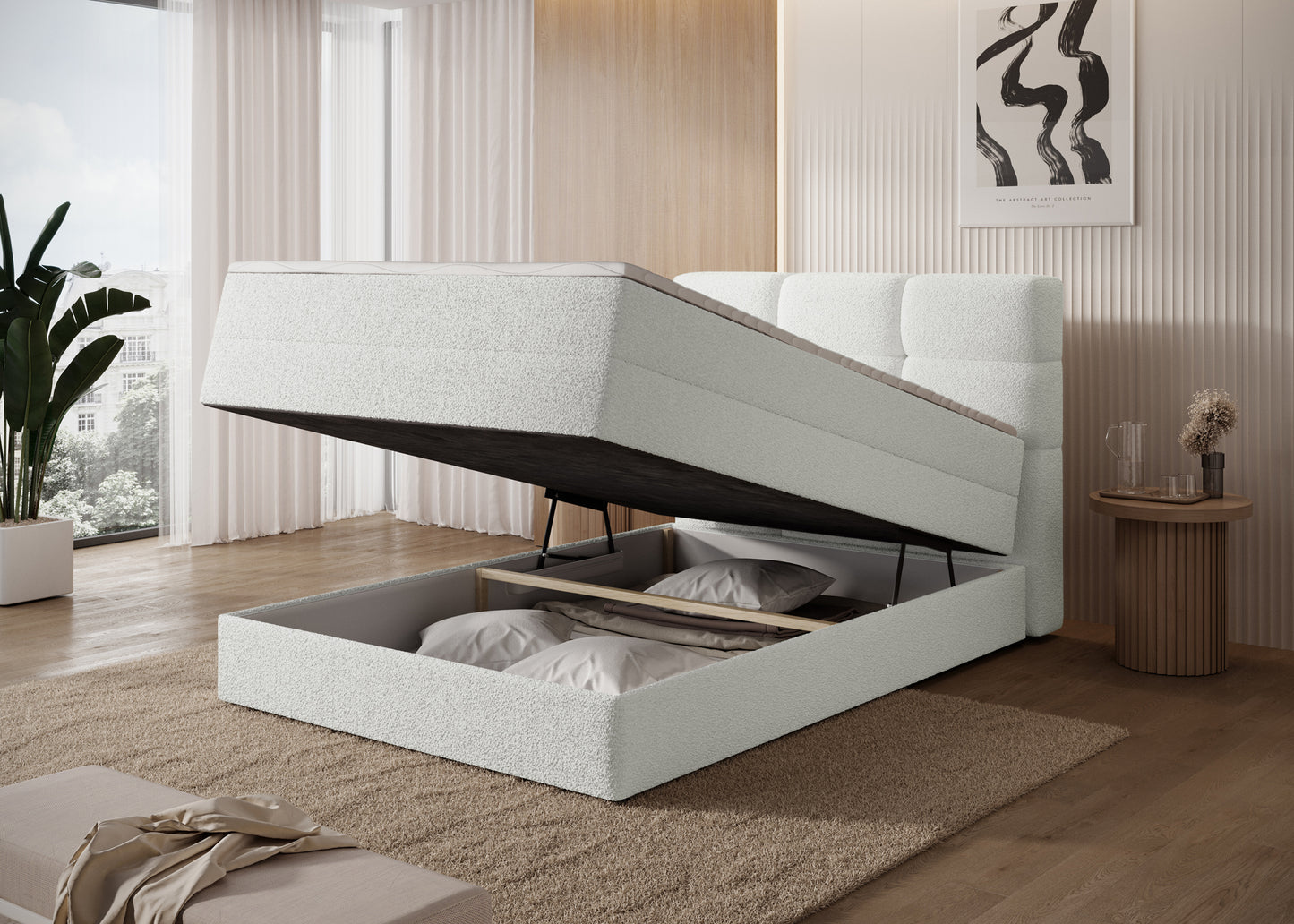 Łóżko Kasped w tkaninie Royal 01 białej, otwarty pojemnik na pościel – praktyczne miejsce na przechowywanie w eleganckim wnętrzu.