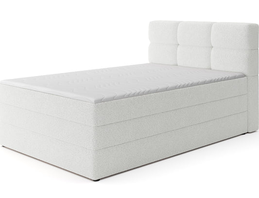 Łóżko kontynentalne Kasped w tkaninie Royal 01 białej, widok skośny, elegancka tapicerka i nowoczesna forma do sypialni.