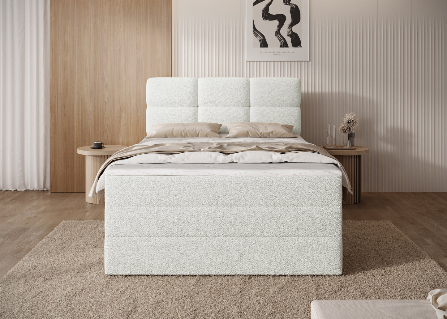 Łóżko Kasped w tkaninie Royal 01 białej, ustawione we wnętrzu sypialni, stylowe połączenie elegancji i funkcjonalności.