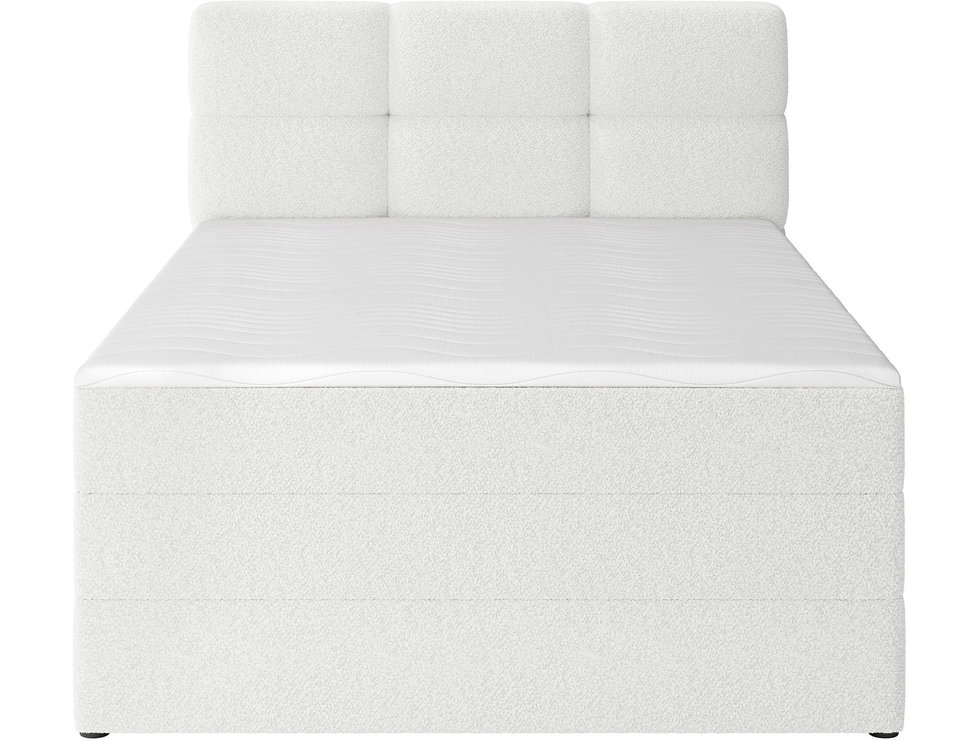 Łóżko kontynentalne Kasped w tkaninie Royal 01 białej, widok od frontu z wysokim, tapicerowanym zagłówkiem i miękkim topperem.