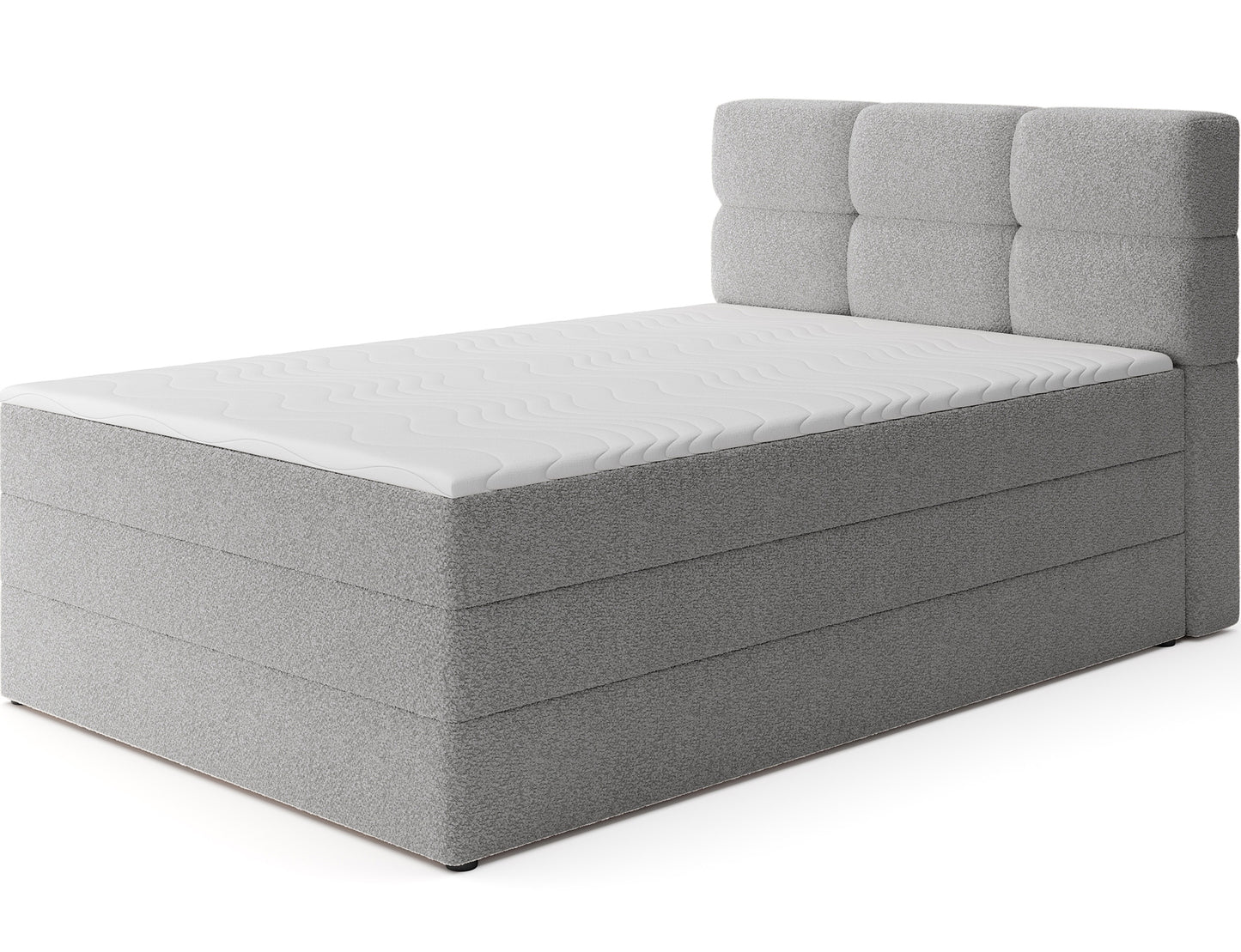 Stylowe łóżko Royal 04 w jasno stalowej tkaninie, elegancki design i funkcjonalny pojemnik na pościel do nowoczesnej sypialni.